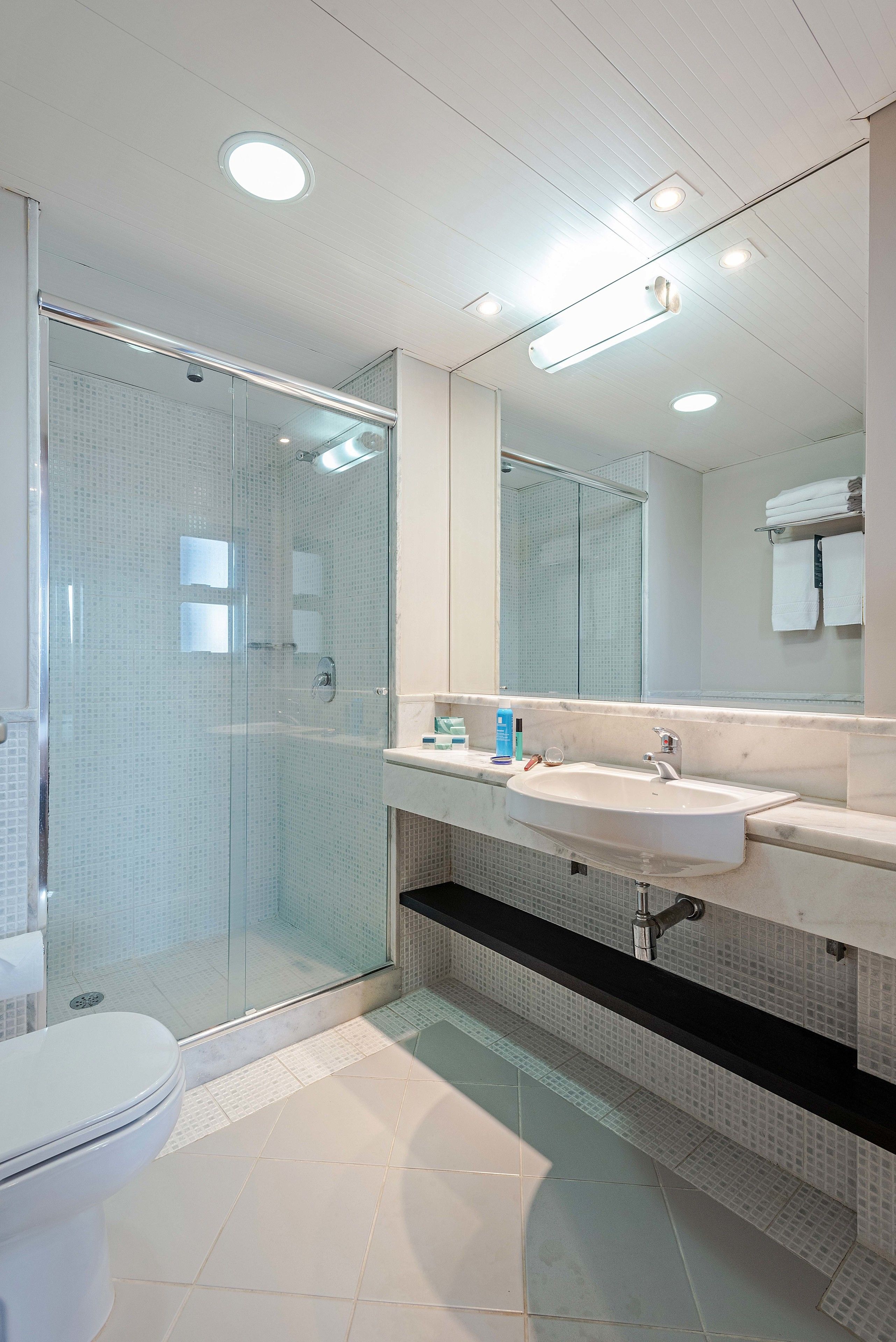 deluxe twin room | bathroom | shower, hair dryer, towels