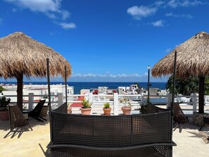 Una silla de mimbre con vistas al mar, un quiosco de paja y plantas en macetas.