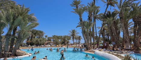 Indoor pool, outdoor pool, sun loungers