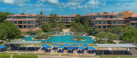 Outdoor pool, pool umbrellas, pool loungers