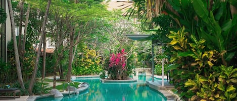 Outdoor pool, sun loungers