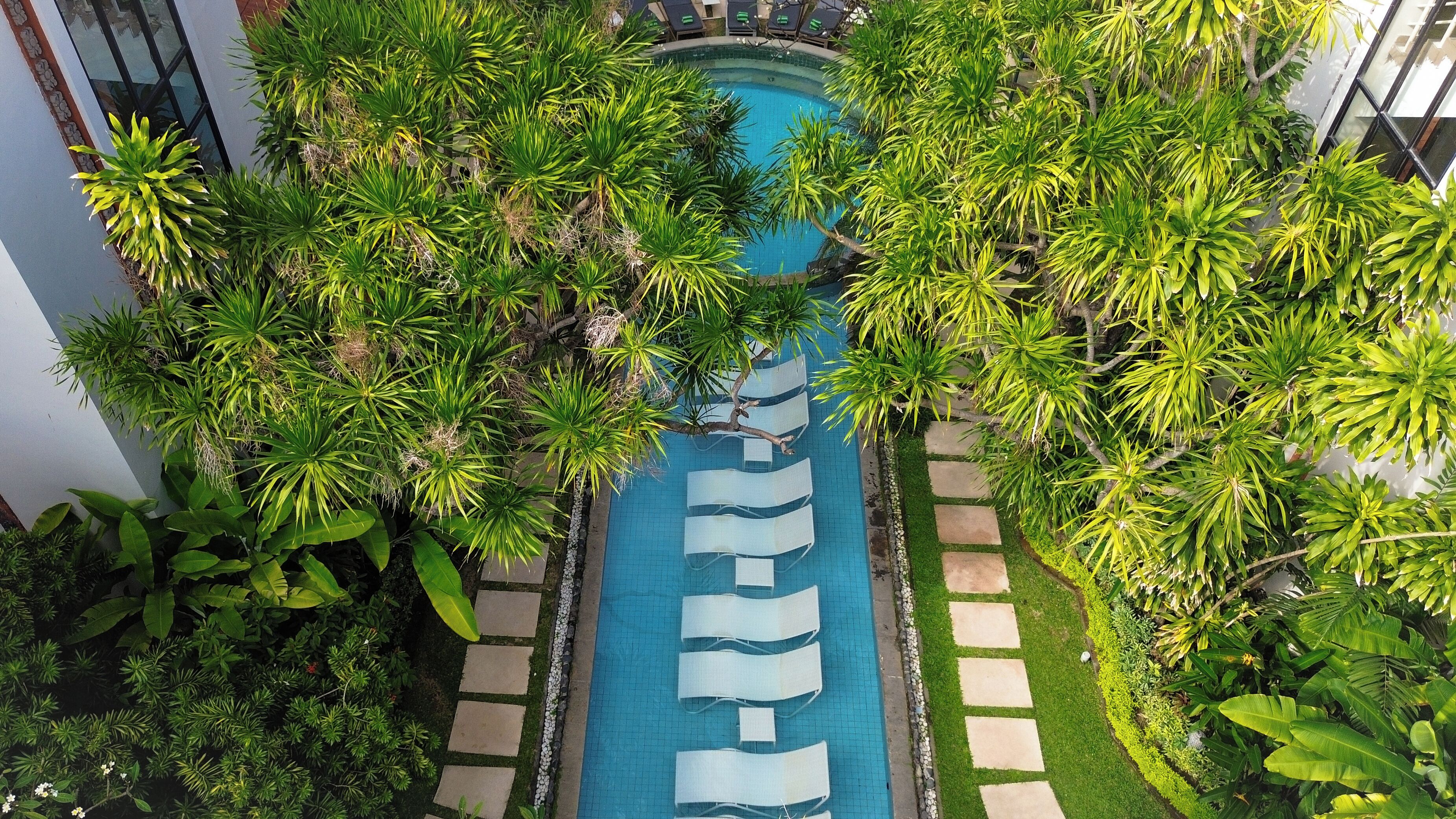 Una piscina rodeada de exuberante follaje y un camino de piedra.