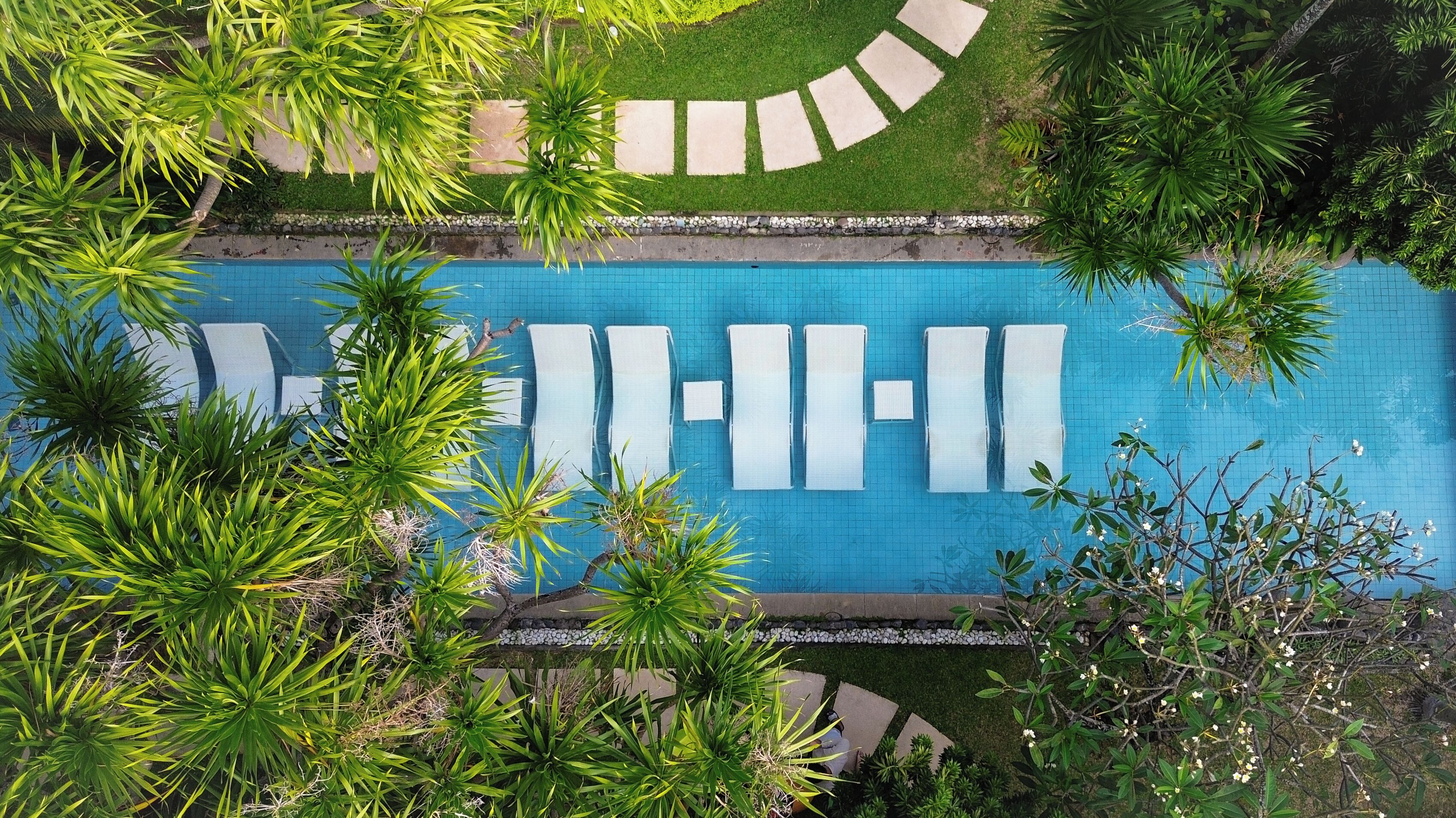 Une vue aérienne d’une piscine entourée d’une végétation luxuriante et bordée d’un chemin en pierre.