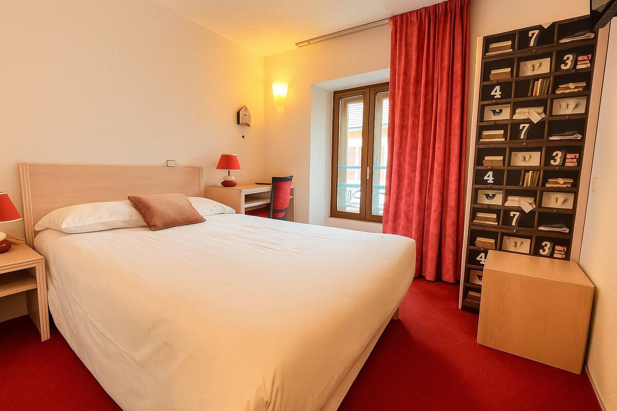 Ein ordentlich eingerichtetes Hotelzimmer mit einem großen Bett, einem Schreibtisch, einem Stuhl, einem Bücherregal und einem Fenster mit Vorhängen.
