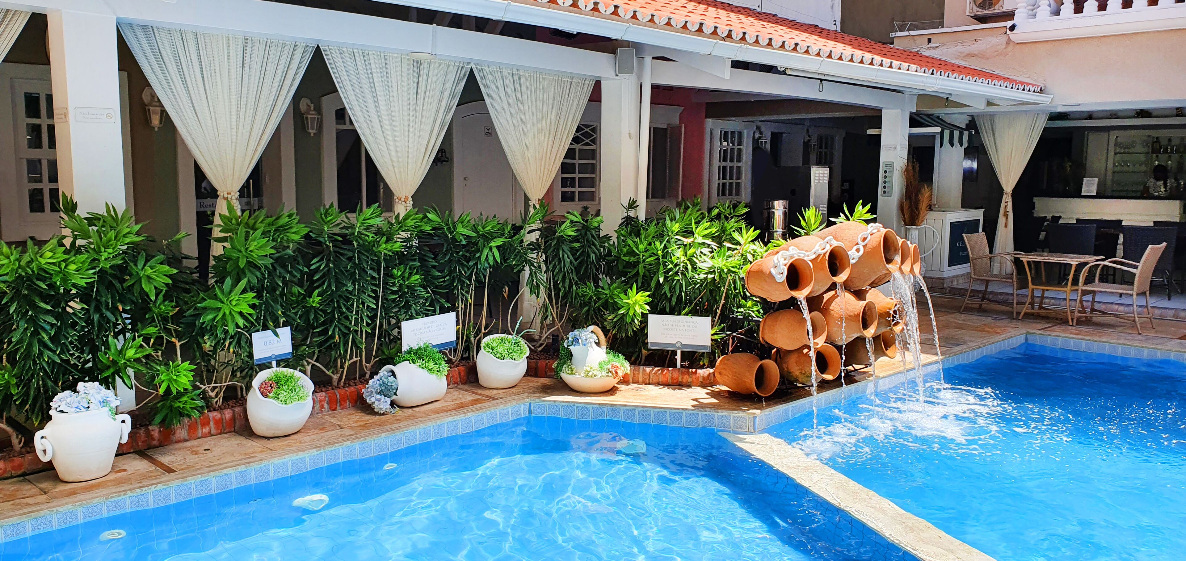 A swimming pool with a tiled edge, surrounded by potted plants and terracotta pots.