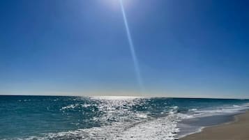Una playa con cielos despejados y el sol reflejándose en el agua.