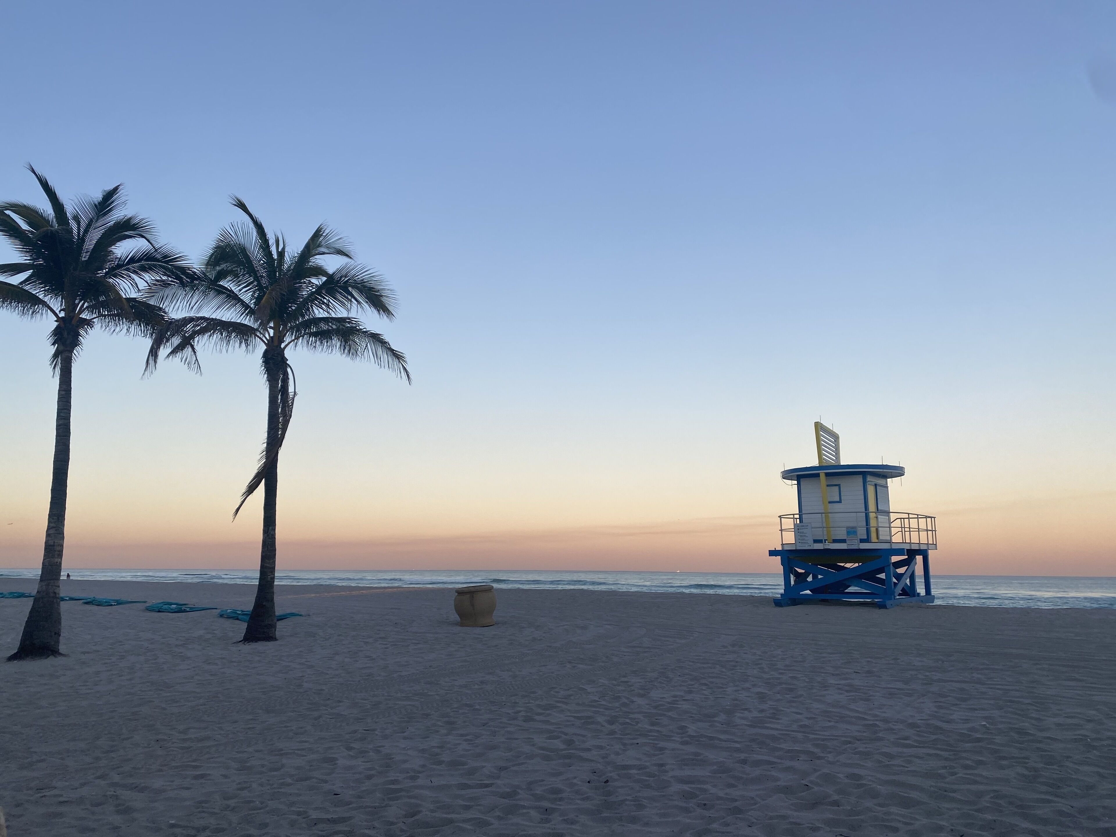 Una playa con palmeras y una torre de salvavidas.