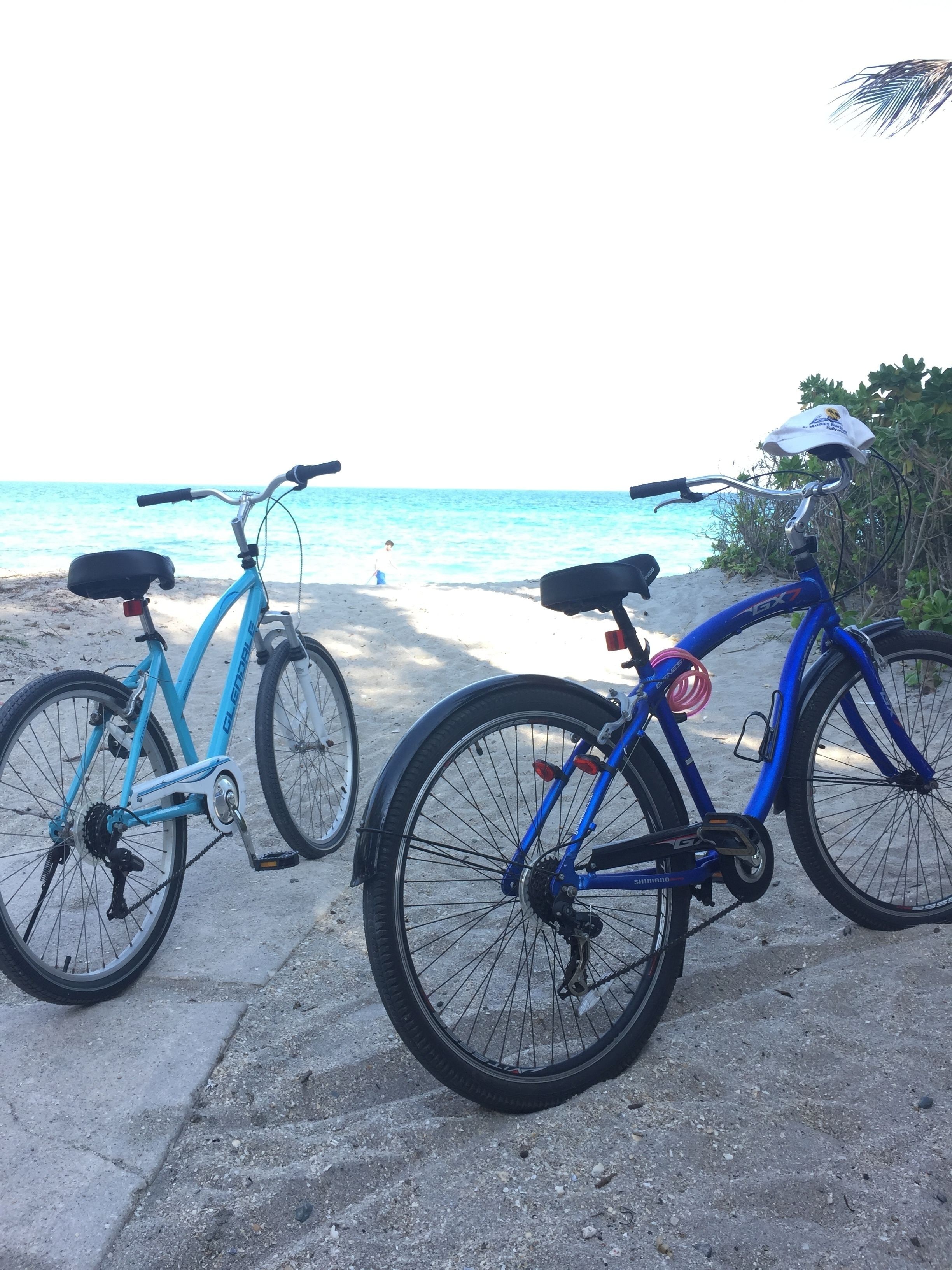 Two bicycles parked on a concrete surface near a beach with the ocean in the background.