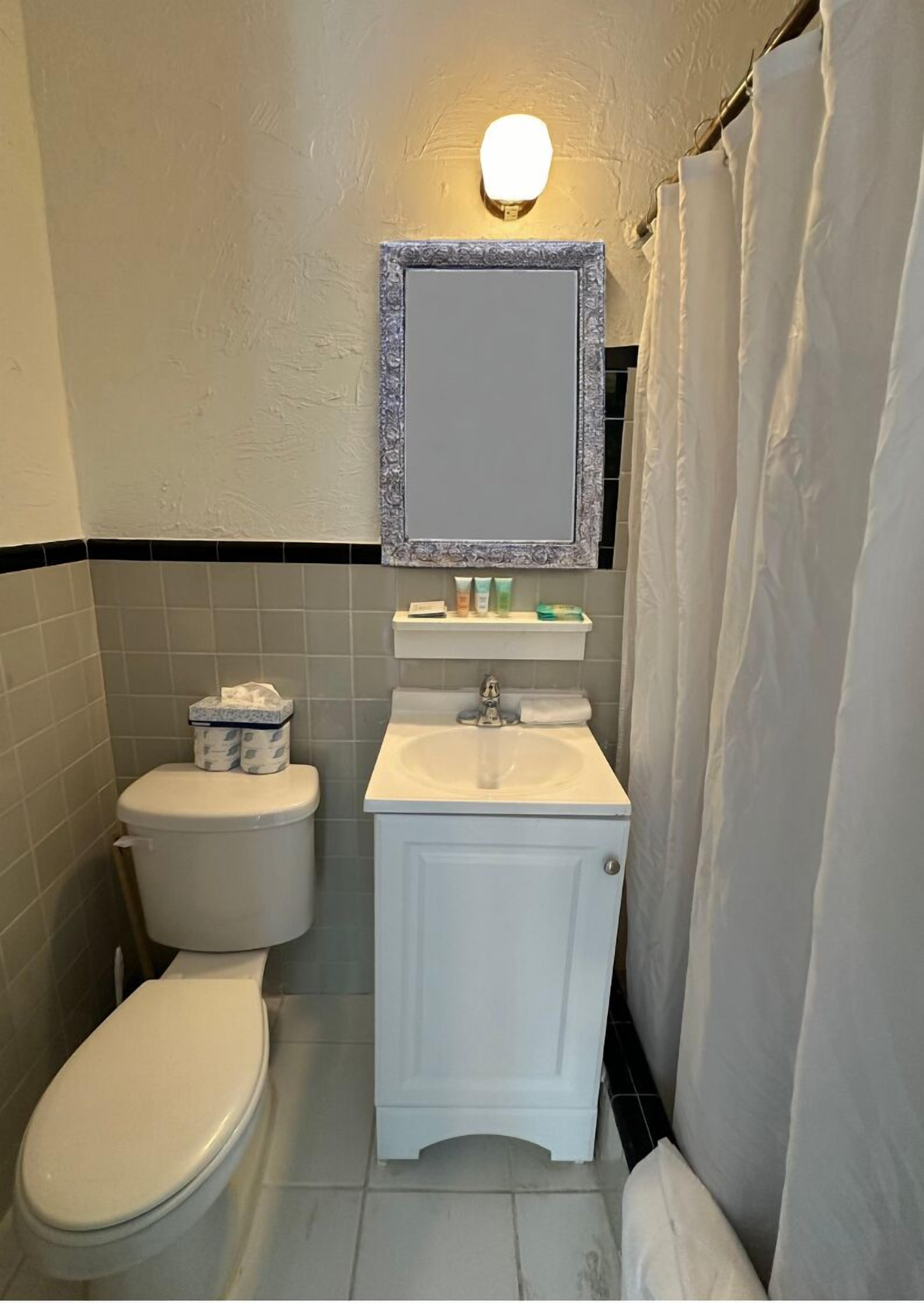 A bathroom with a toilet, sink, and mirror.