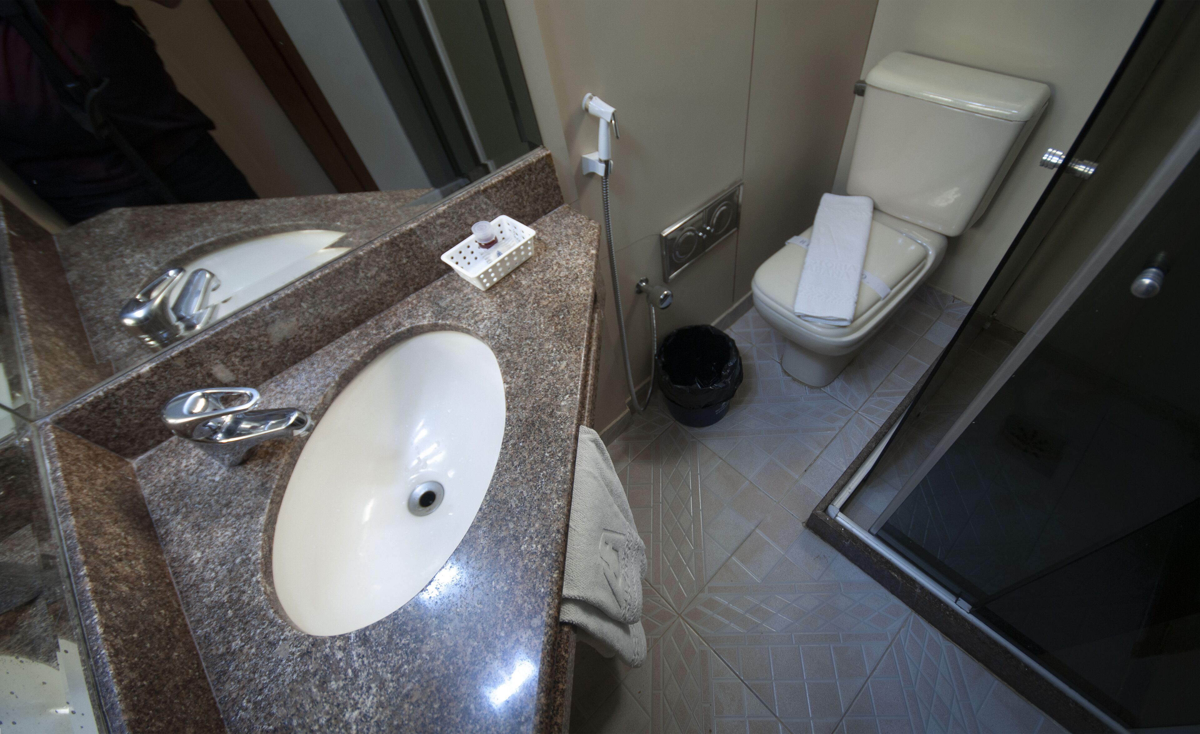 Ein Badezimmer mit einer Granit-Arbeitsplatte, einem weißen Waschbecken, einem Handtuchhalter, einer Duschbrause und einer Toilette.