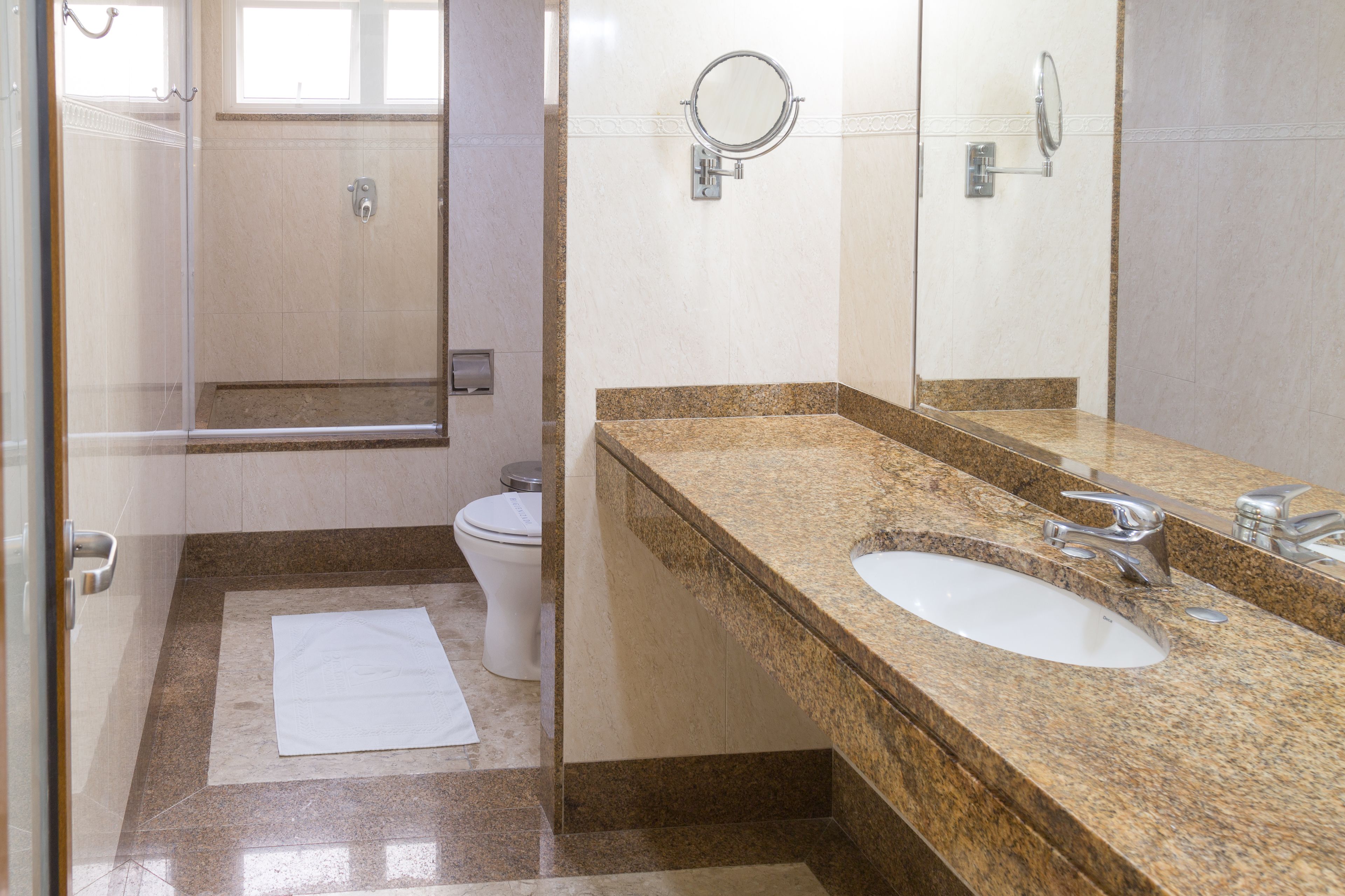 A bathroom with a granite countertop, a sink, a toilet, and a glass shower enclosure.