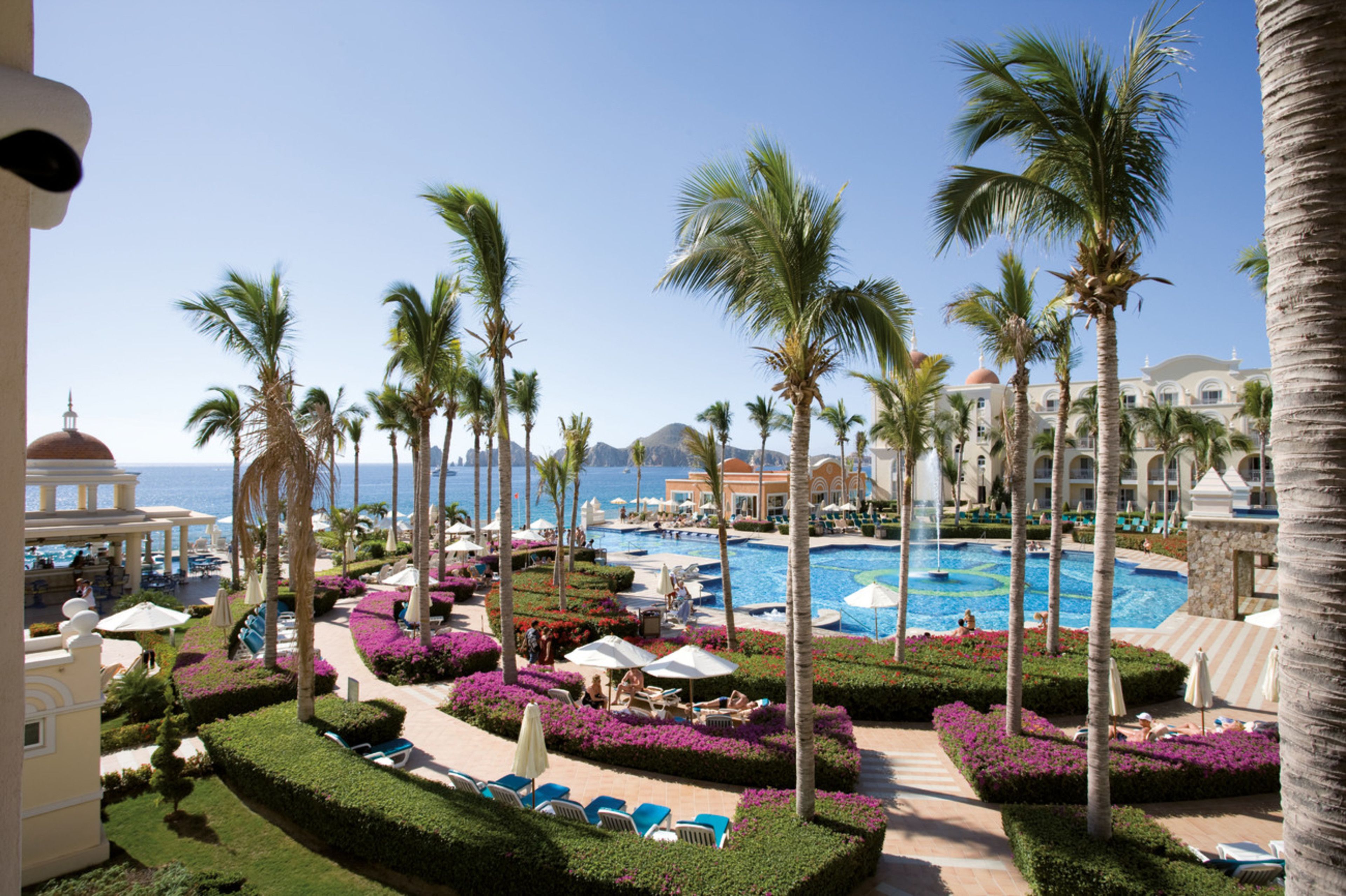 A resort with a large pool, palm trees, and a view of the ocean.