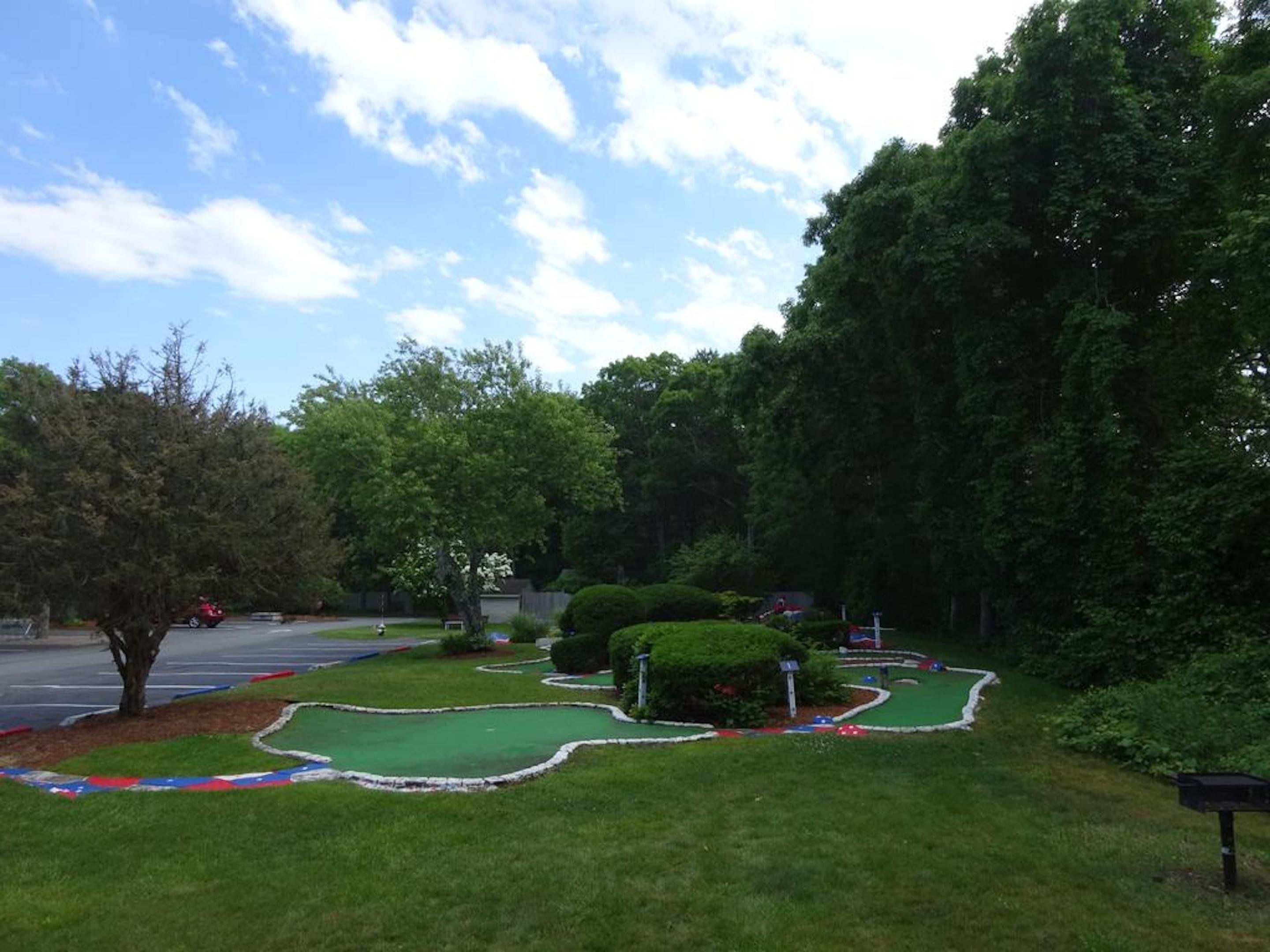 A golf course with a putting green, surrounded by trees and a road.