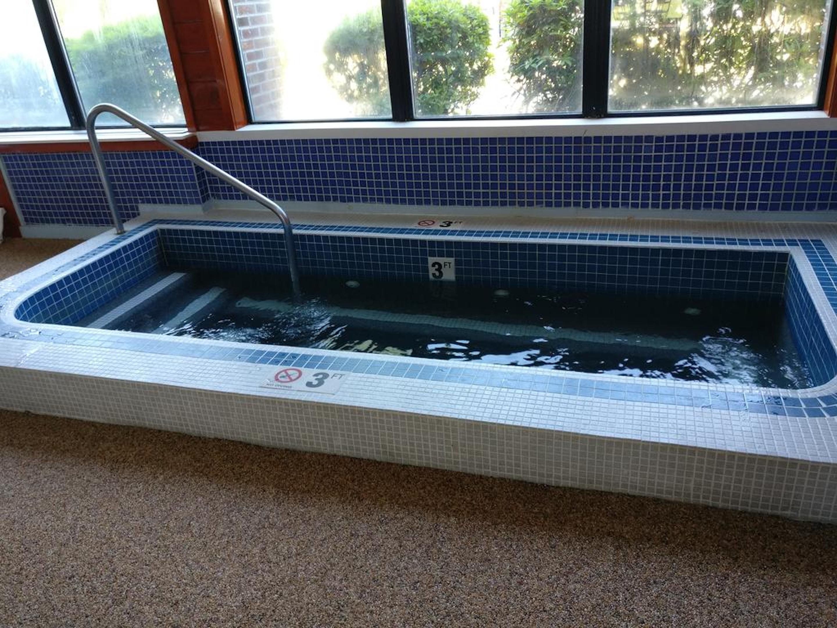 Una piscina interior con indicador de profundidad de 3 pies, rodeada de paredes con azulejos azules y una ventana con vista a la vegetación.
