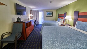 A hotel room with two beds, a desk with a chair, a television, and a painting on the wall. - The Mariner Resort Cape Cod by The Red Collection (West Yarmouth)