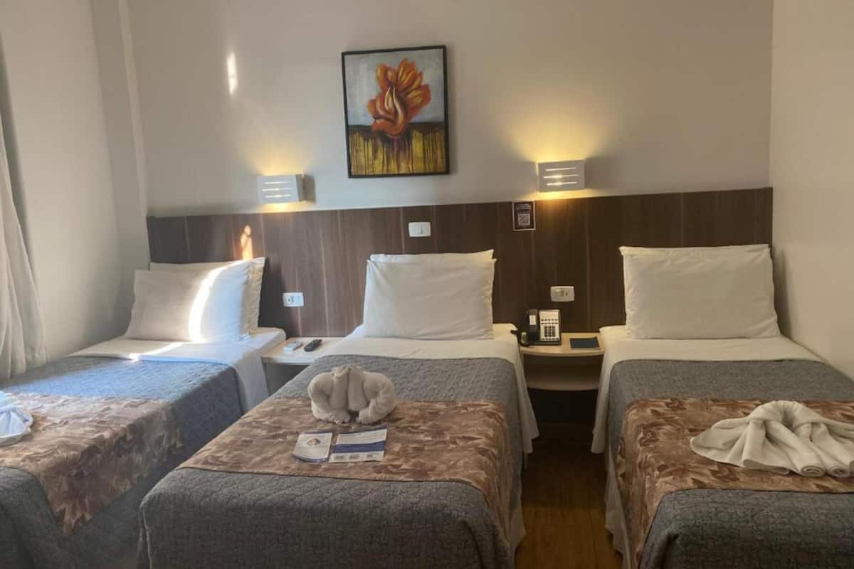 Habitación de hotel con dos camas individuales, una mesita de noche con lámpara, un cuadro en la pared y una ventana con cortinas.