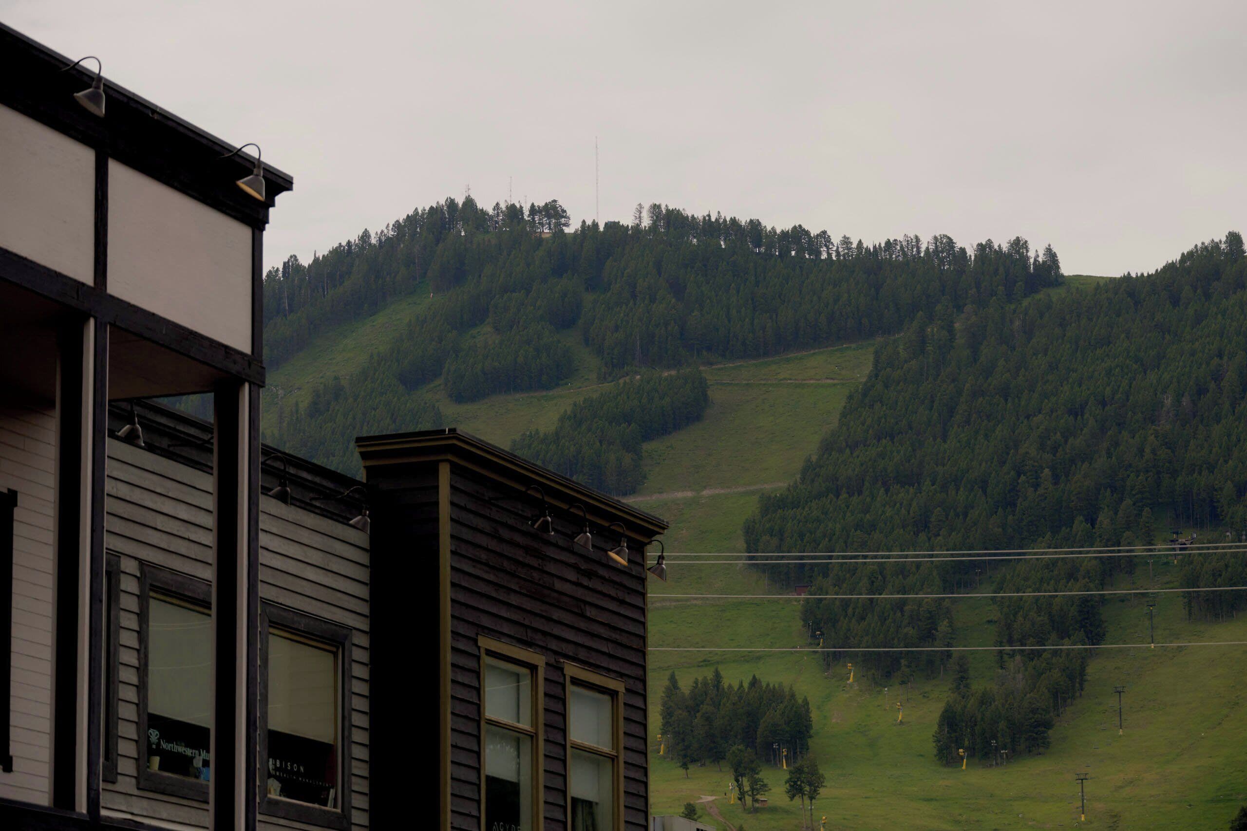 Un bâtiment doté de nombreuses fenêtres et offrant une vue sur une colline boisée.