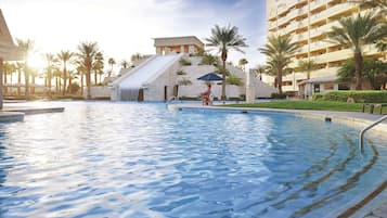 Outdoor pool, open 10:00 AM to 6:00 PM, pool umbrellas, sun loungers