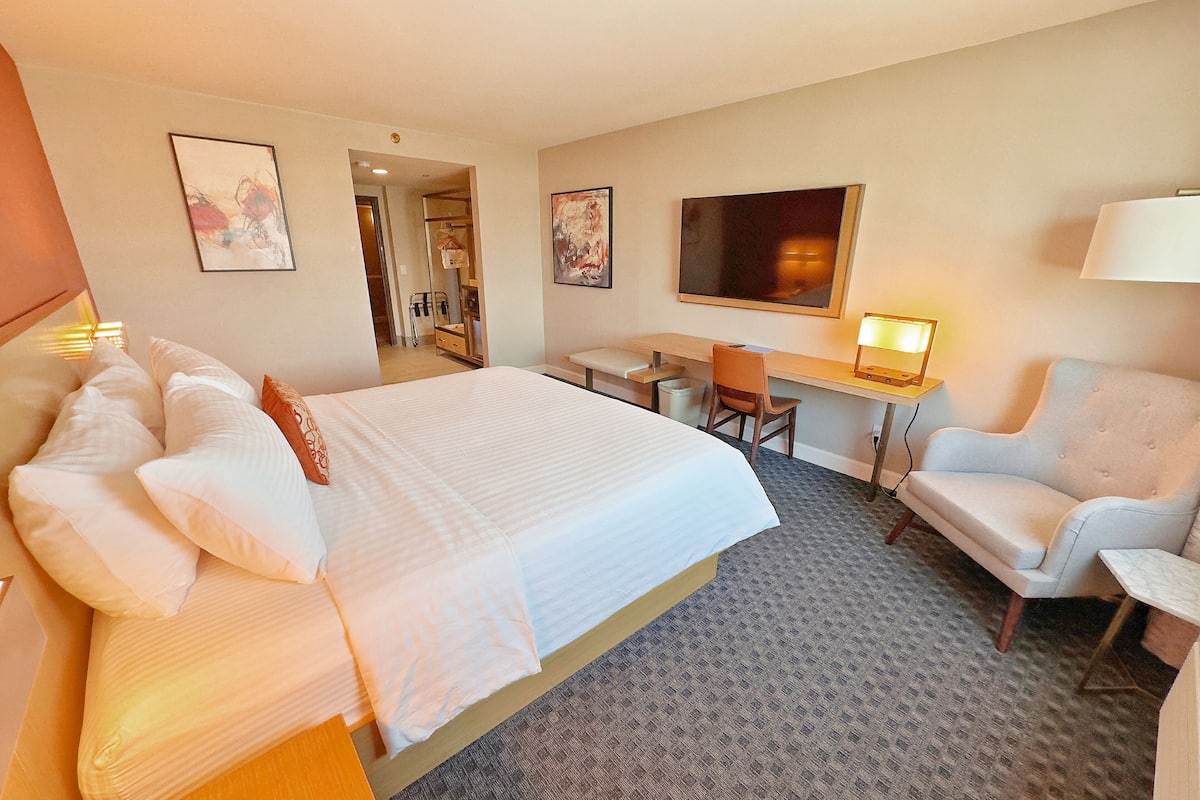 A hotel room with a large bed, a desk, a chair, and a TV.