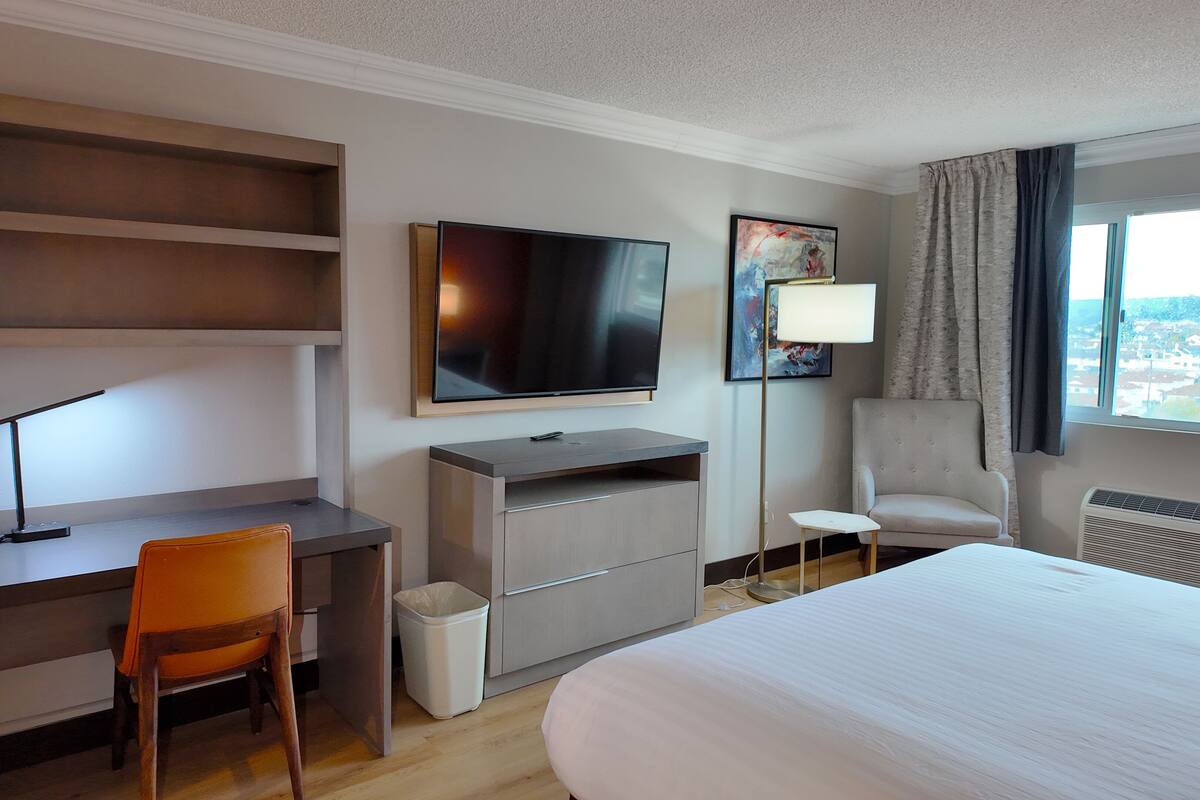 A hotel room with a bed, desk, chair, TV, and a view of the city.