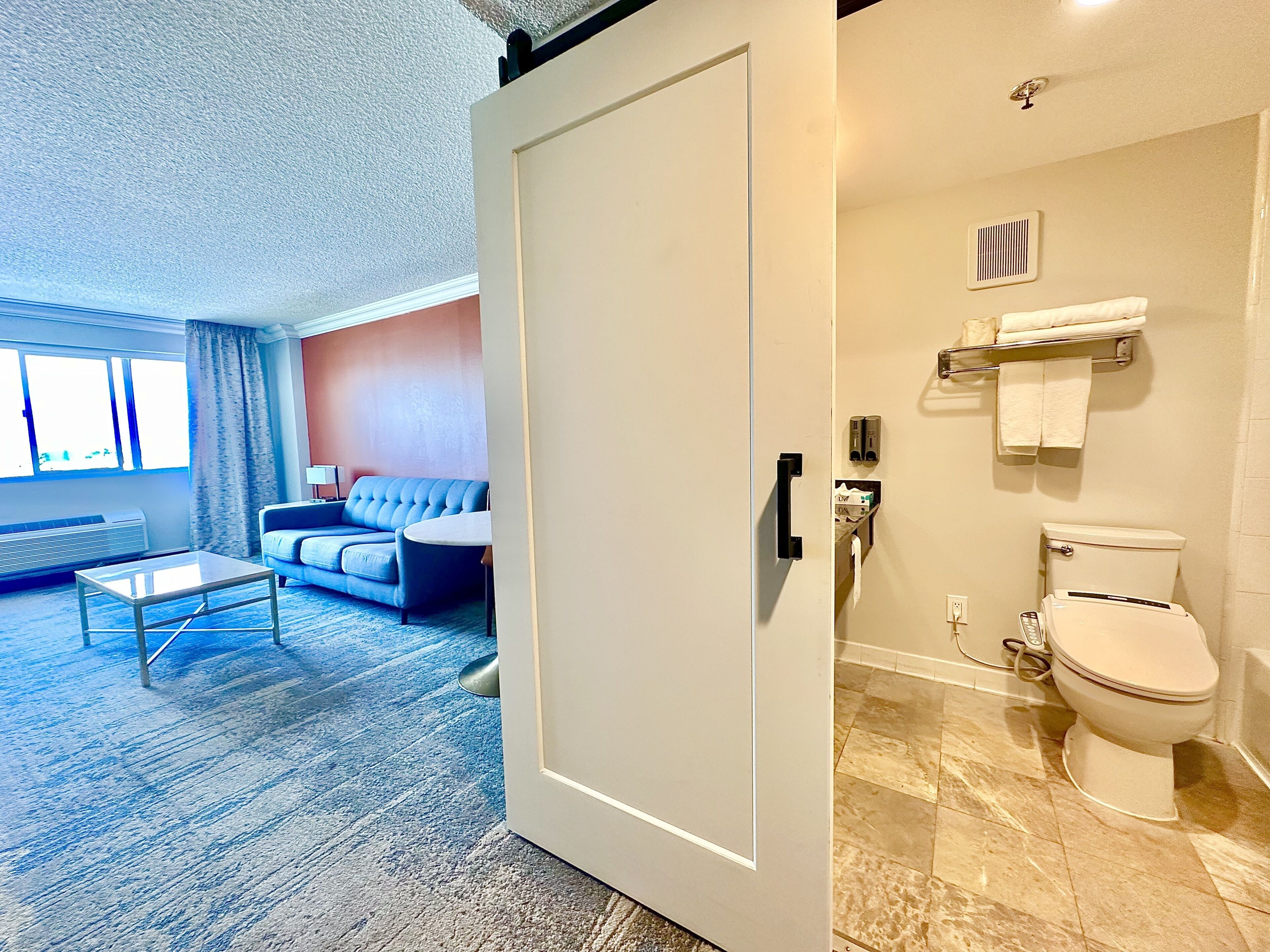A hotel room with a living area featuring a sofa and a coffee table, a bathroom with a toilet and a shower, and a door leading to another room.