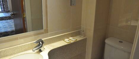 Un baño con lavabo, espejo e inodoro.