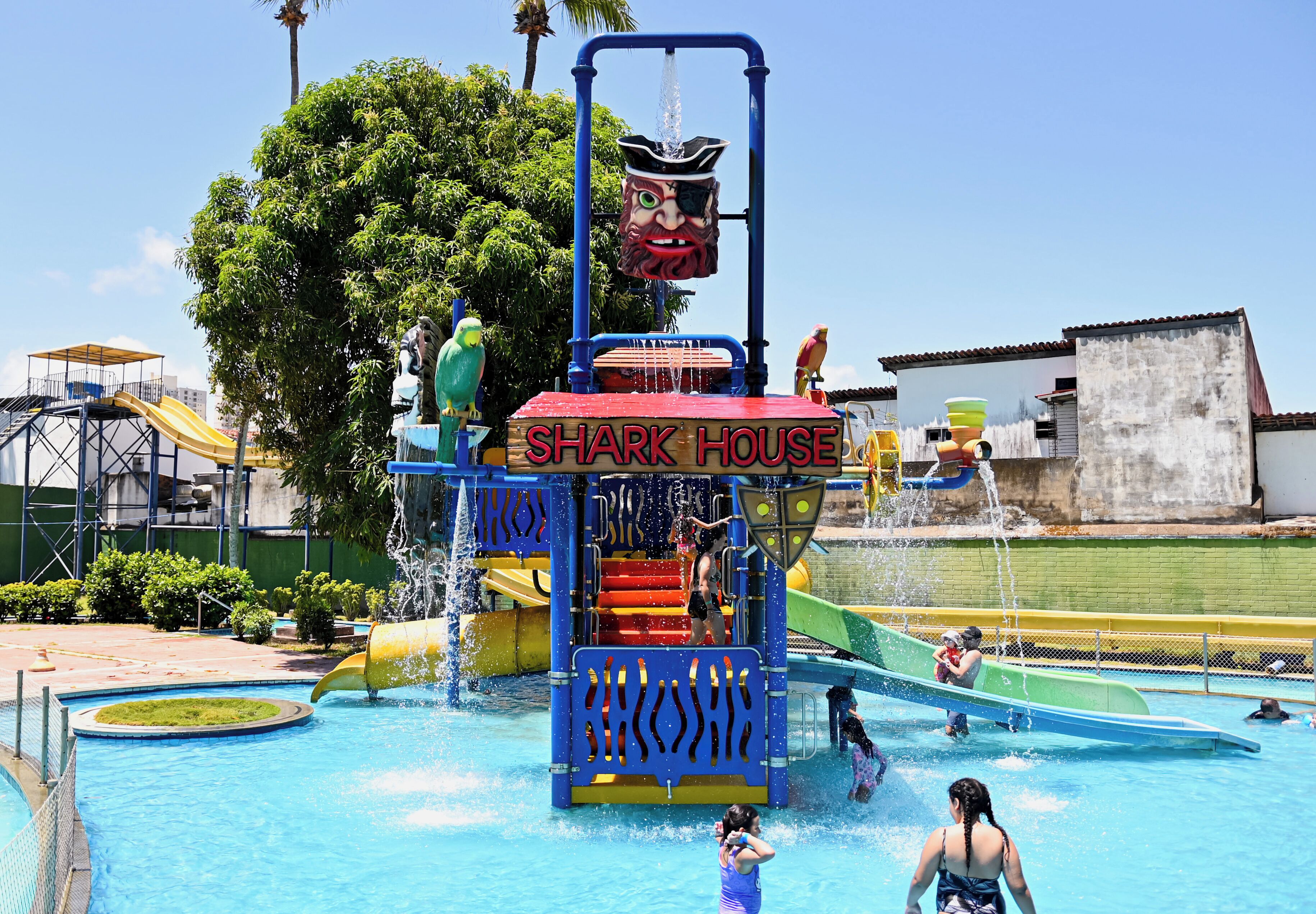 Un parque acuático con una estructura de juego temática de tiburones y una piscina.