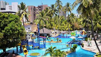 A water park with multiple pools, slides, and a pirate-themed area.
