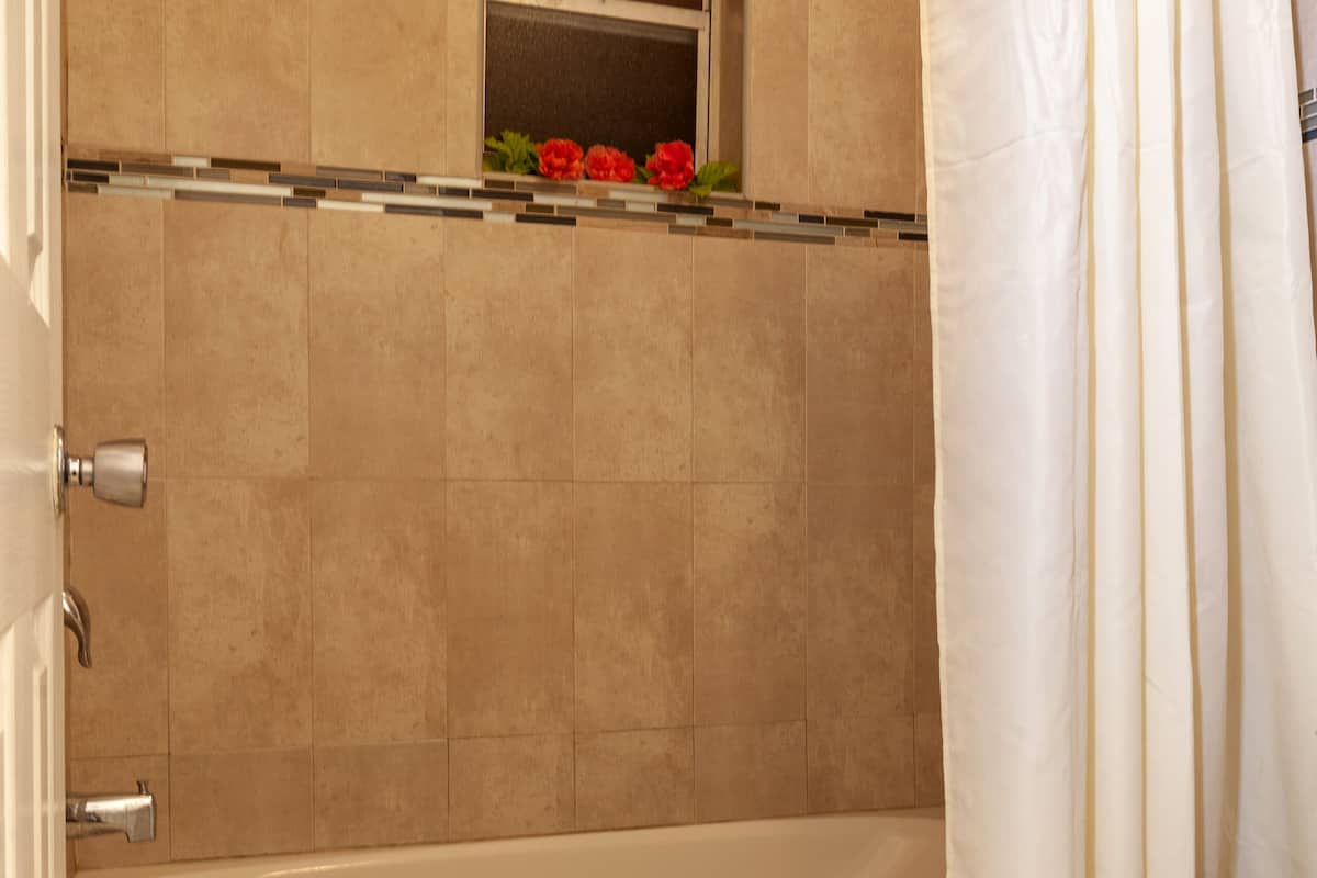 combined shower/bathtub, hair dryer, towels