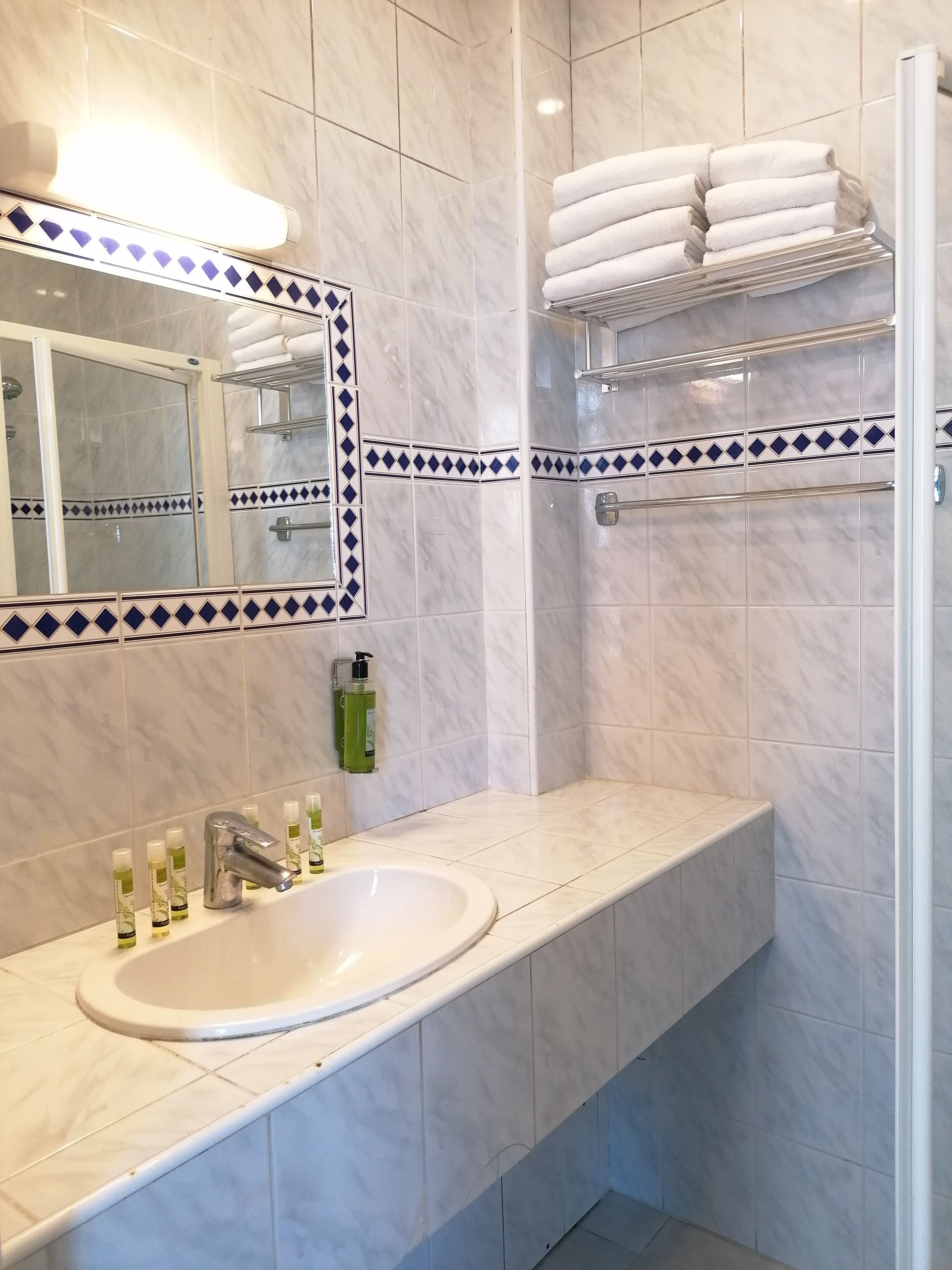 shower, free toiletries, hair dryer, towels