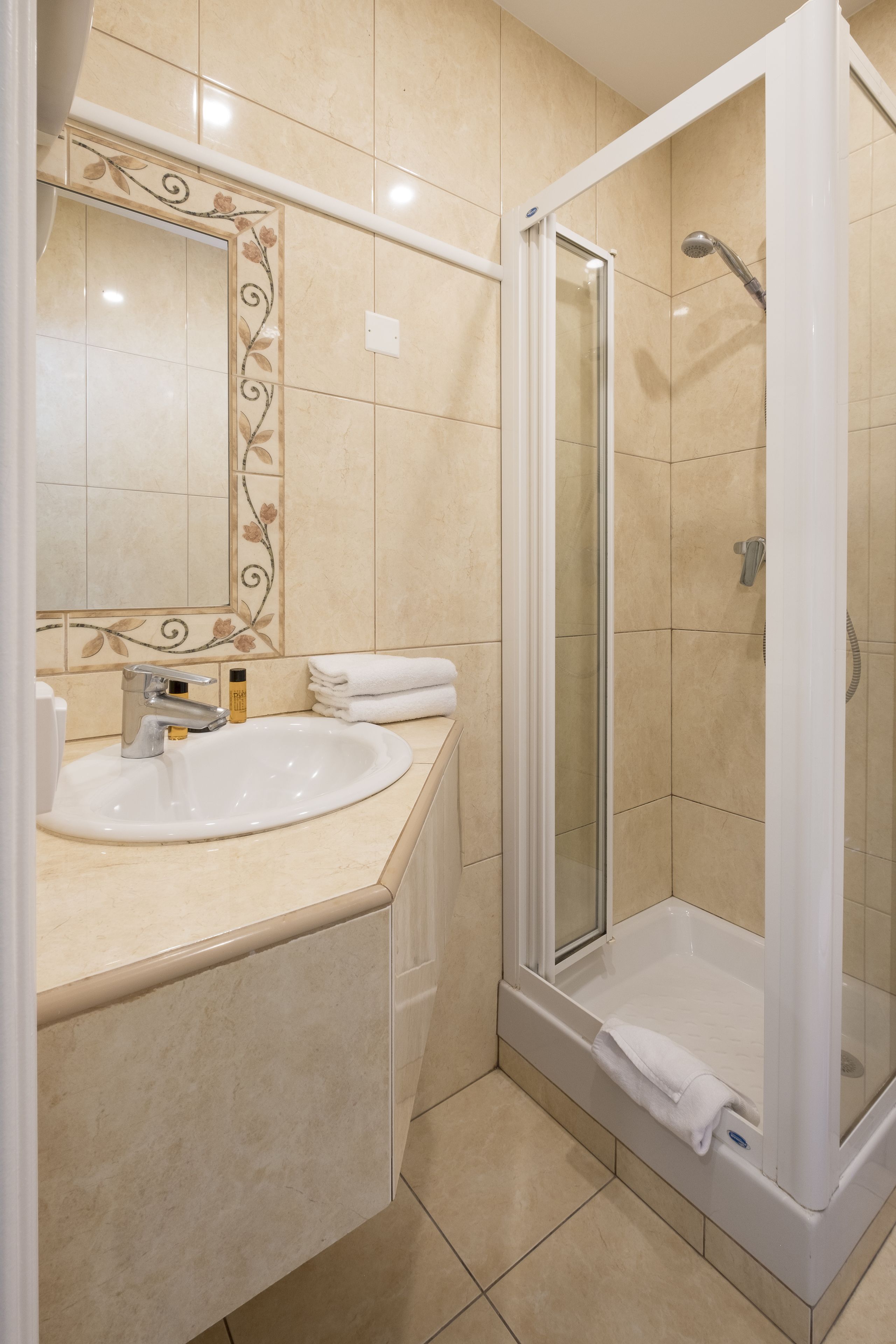 shower, free toiletries, hair dryer, towels