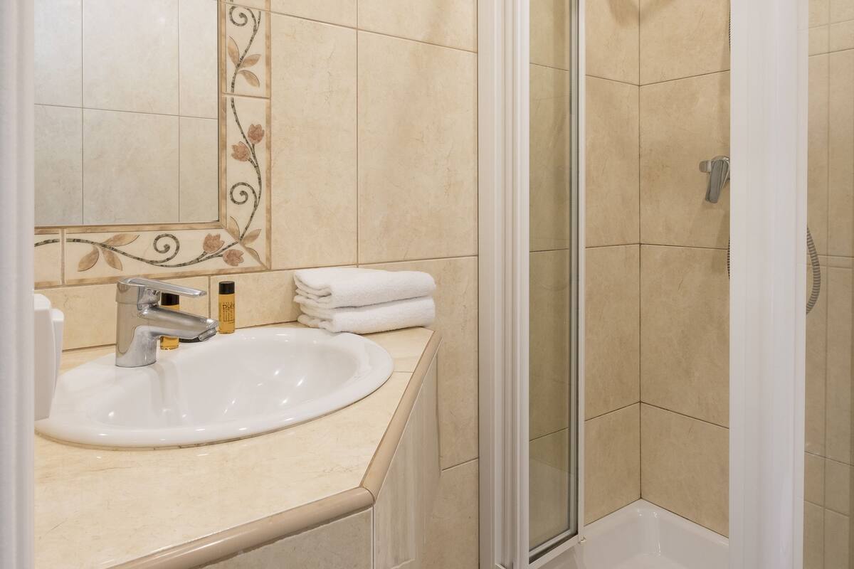 shower, free toiletries, hair dryer, towels