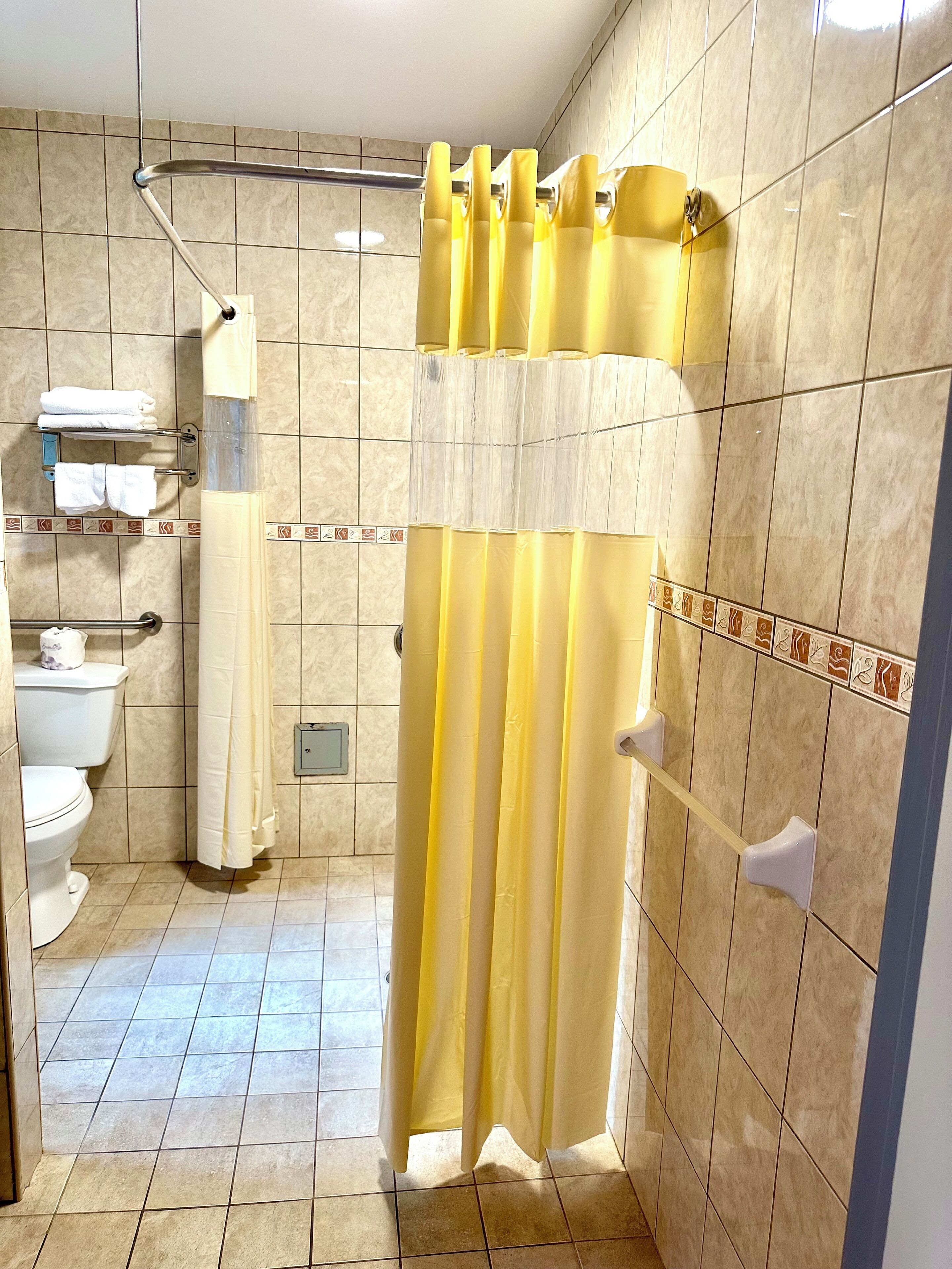 Une salle de bain avec un rideau de douche, des toilettes et un porte-serviettes.