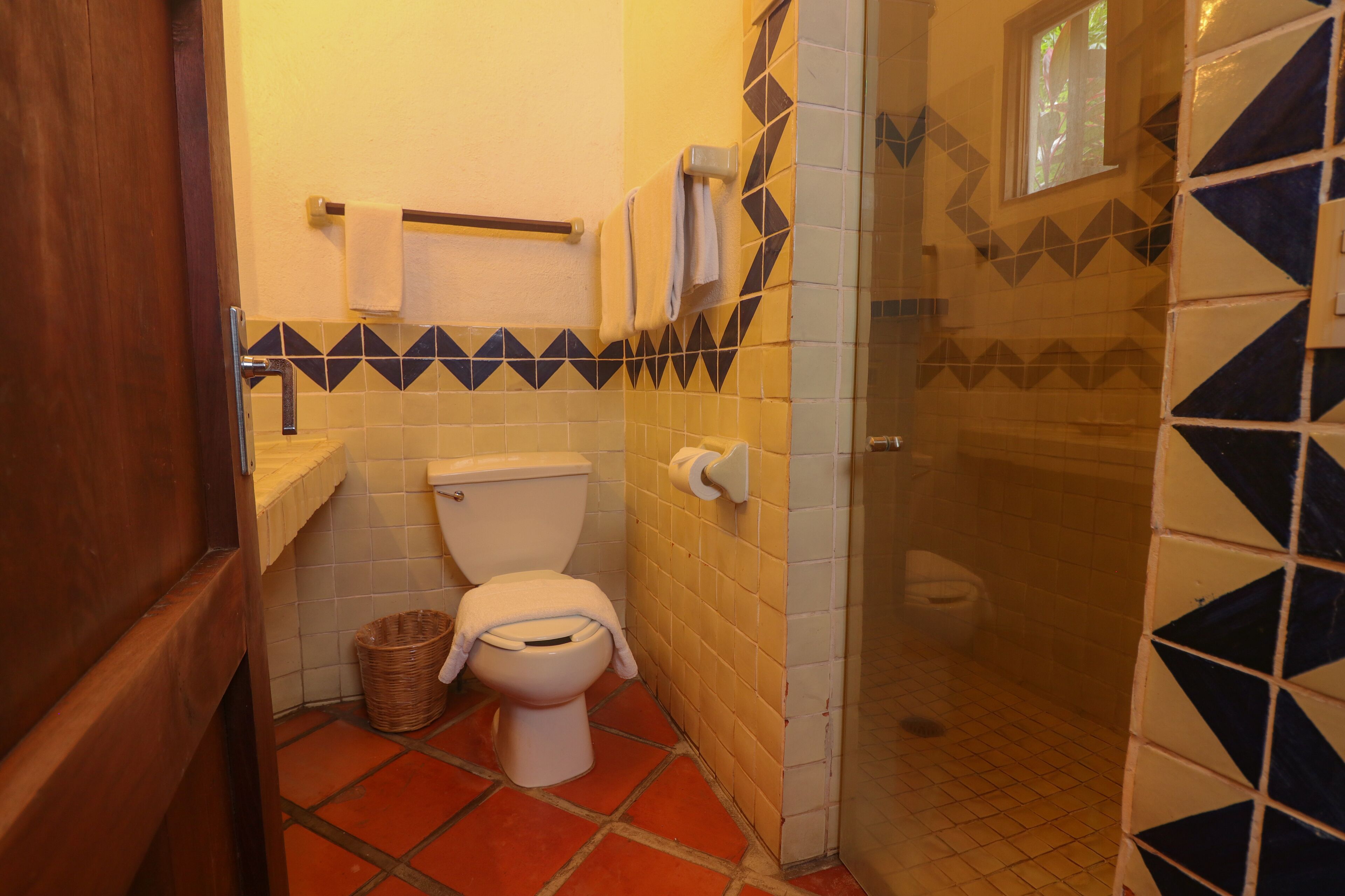 standard room (terrace area) | bathroom | shower, hair dryer, towels, soap