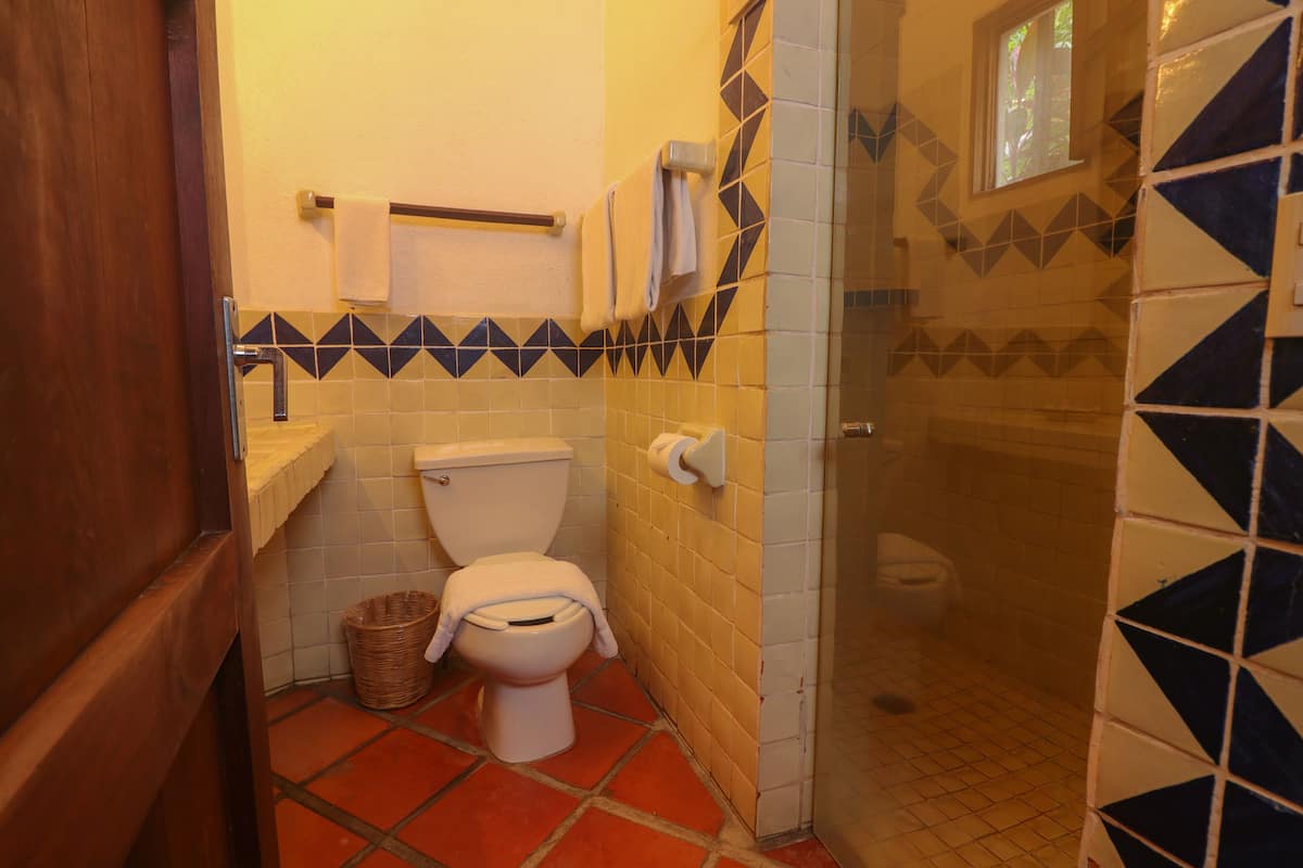 standard room (terrace area) | bathroom | shower, hair dryer, towels, soap