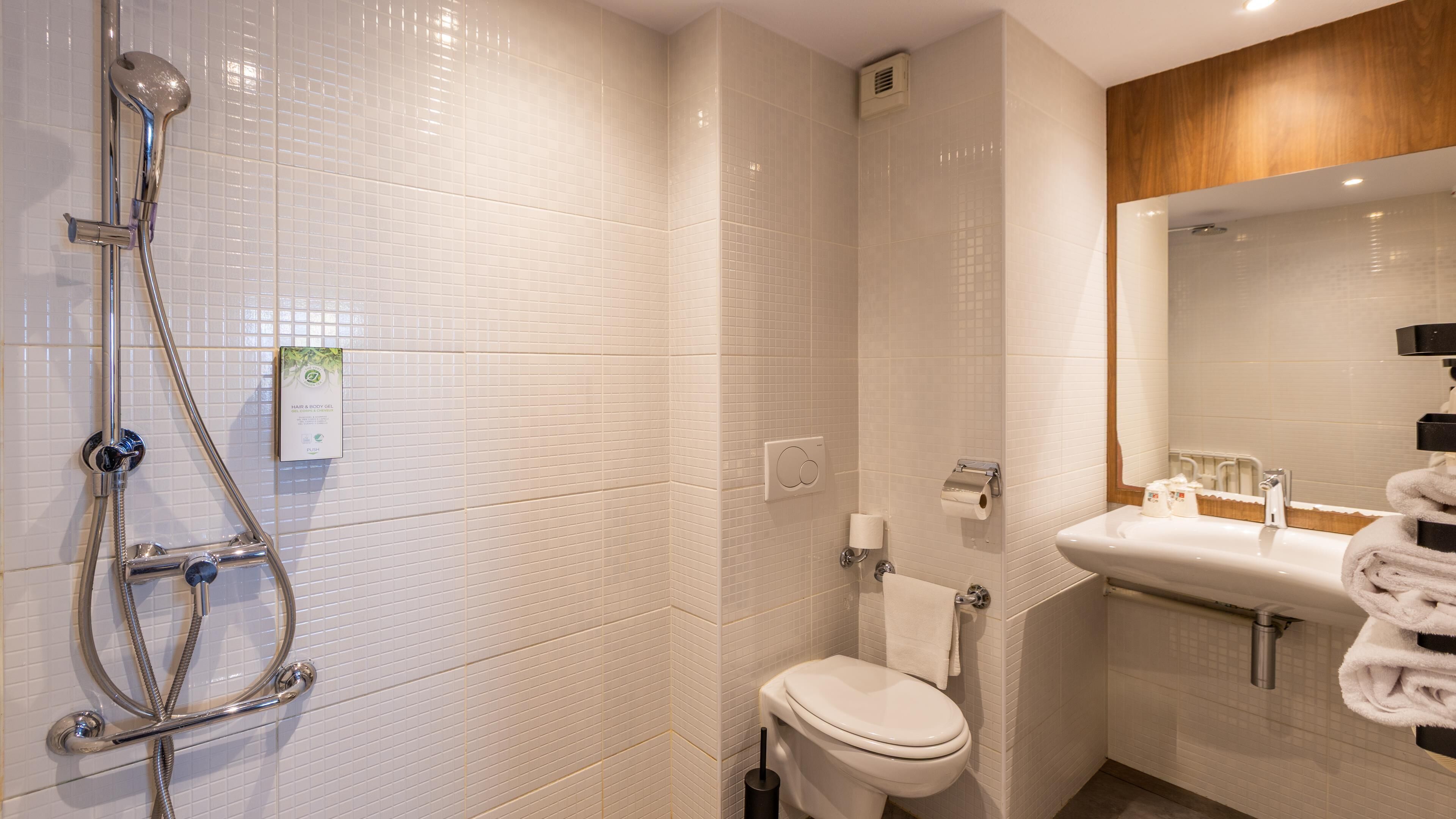 Un baño con ducha, inodoro, lavabo y espejo.