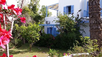 Un edificio blanco con contraventanas azules y un espacio al aire libre cubierto.