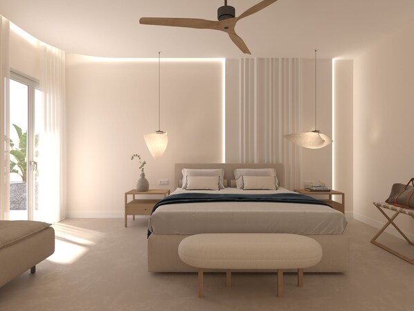 A modern bedroom with a bed, bedside tables, a bench, a ceiling fan, and a view of the outdoors.