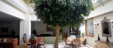 Un'ampia hall con un grande albero, posti a sedere confortevoli e un pavimento piastrellato.