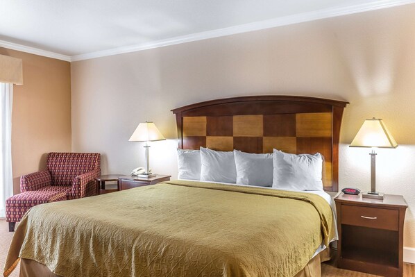 A hotel room with a large bed, two bedside tables, a chair, and a lamp.