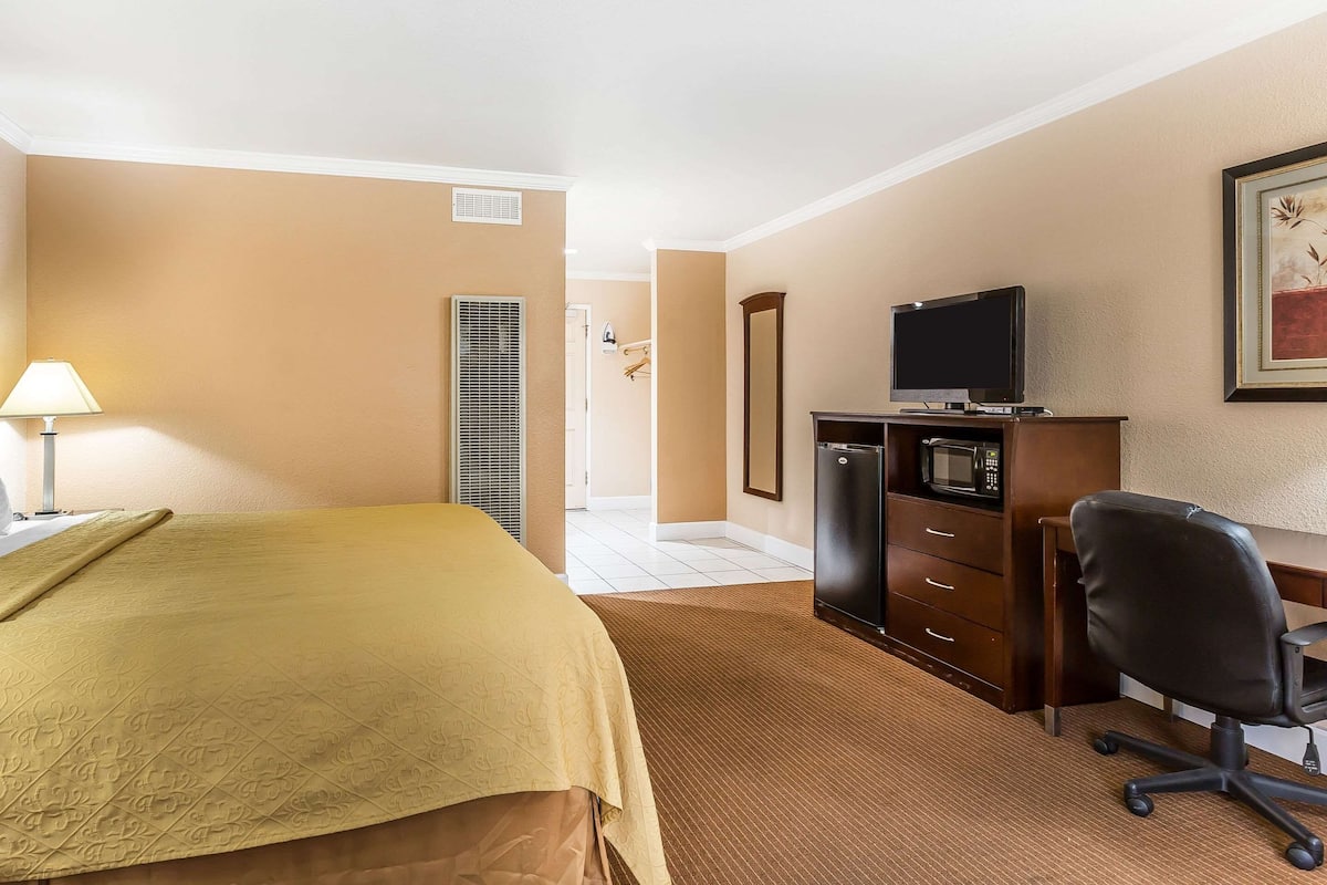 A hotel room with a bed, a desk with a television, a microwave, and a chair.