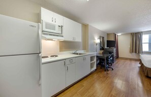 Fridge, microwave, stovetop, coffee/tea maker