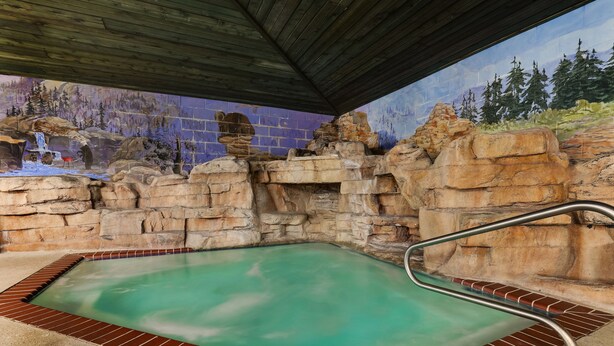 Un jacuzzi con un fondo rocoso y un mural.