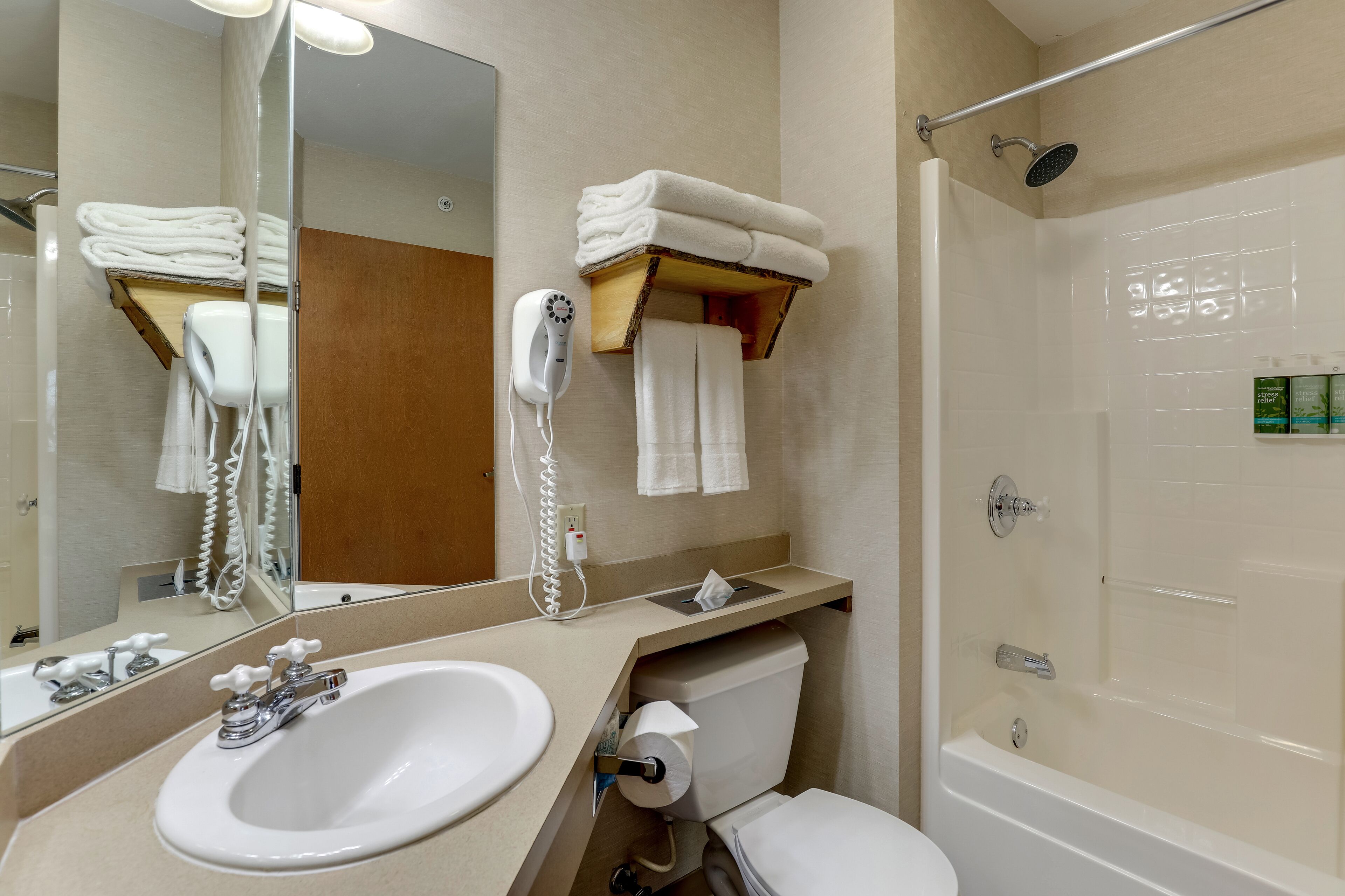 free toiletries, hair dryer, towels