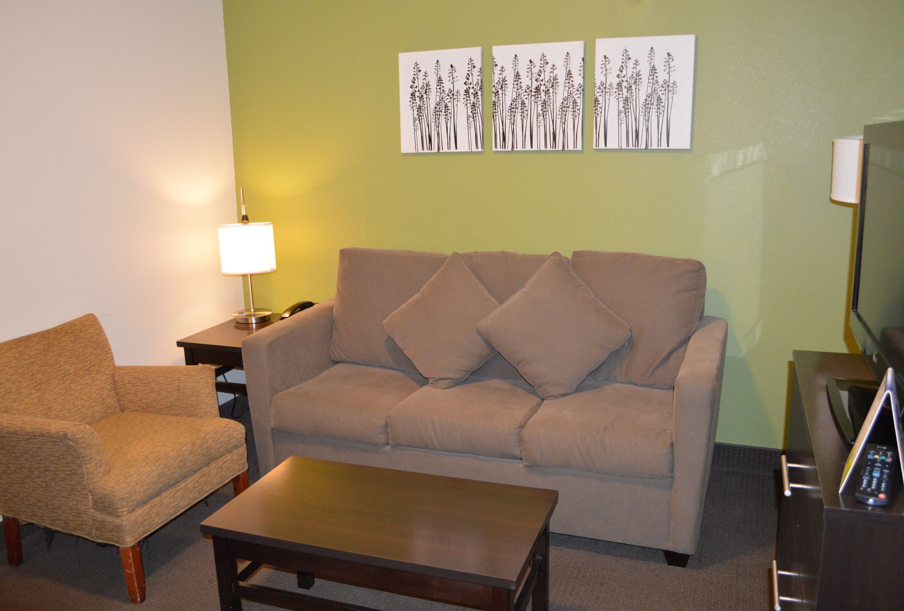 A living room with a sofa, armchair, and coffee table. There is a lamp, a TV, and artwork on the wall.
