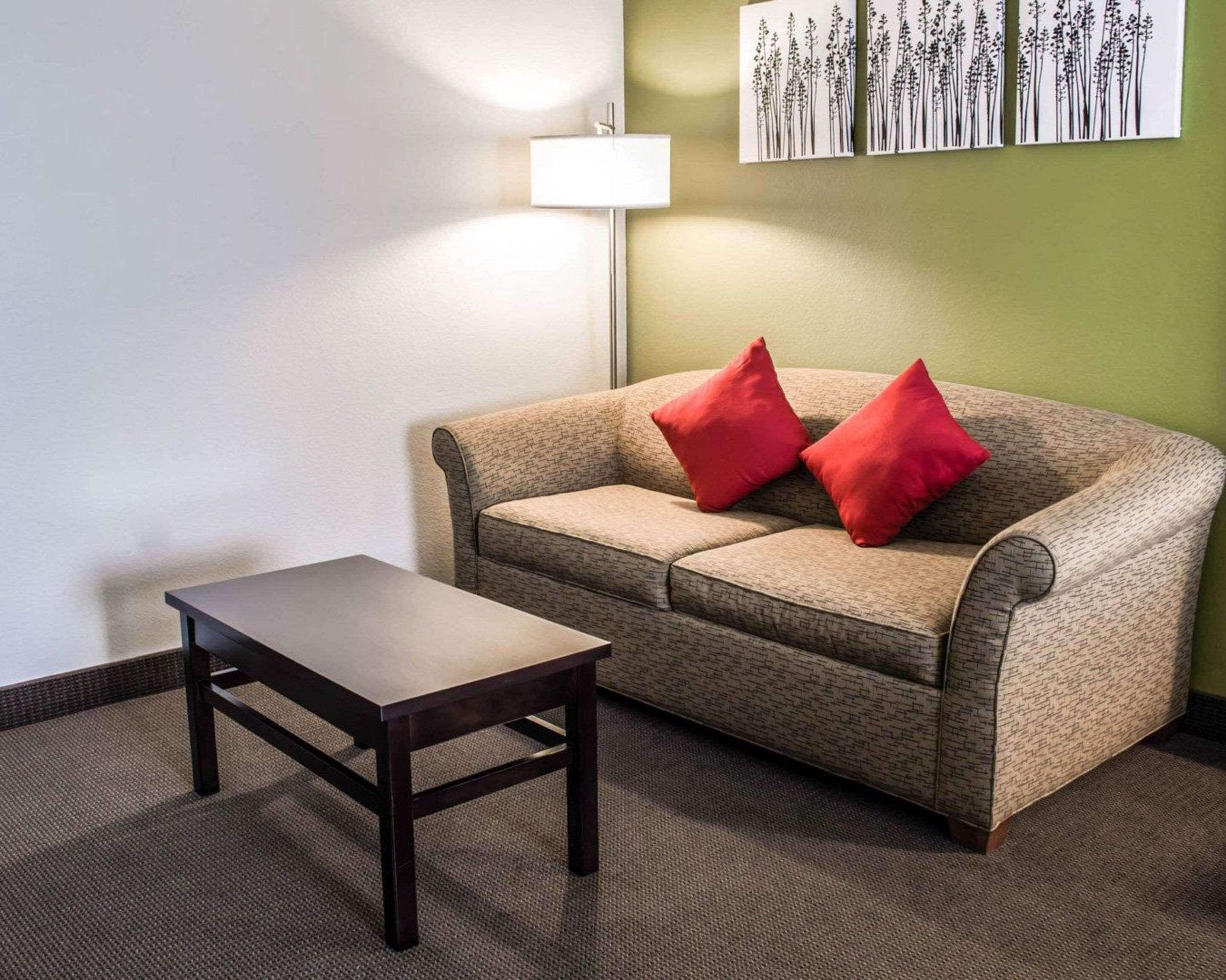 A room with a sofa, two red pillows, a small wooden table, and a floor lamp.