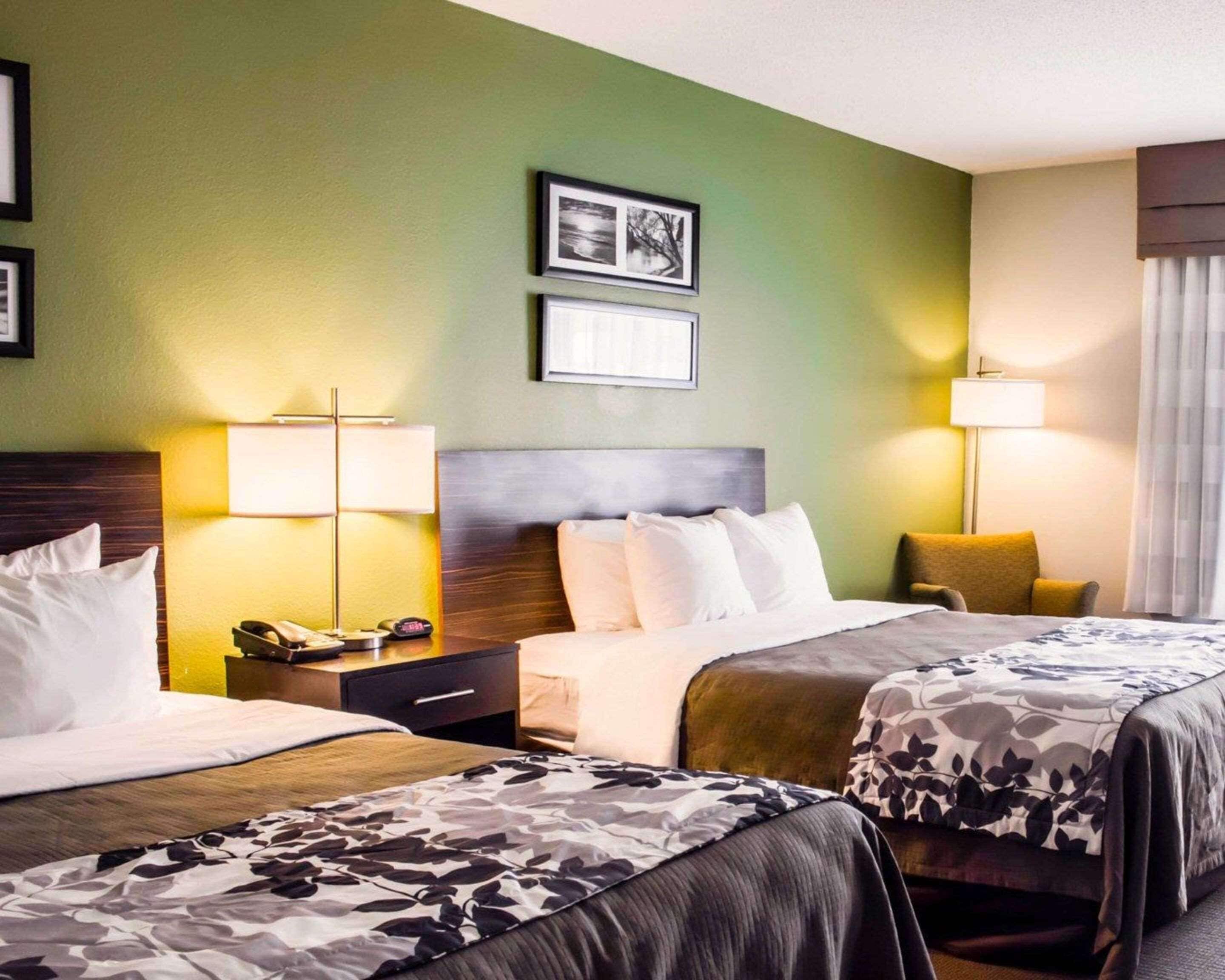 Una habitación de hotel con dos camas, un cabecero de madera, lámparas de noche, una mesita de noche y un cuadro en la pared.