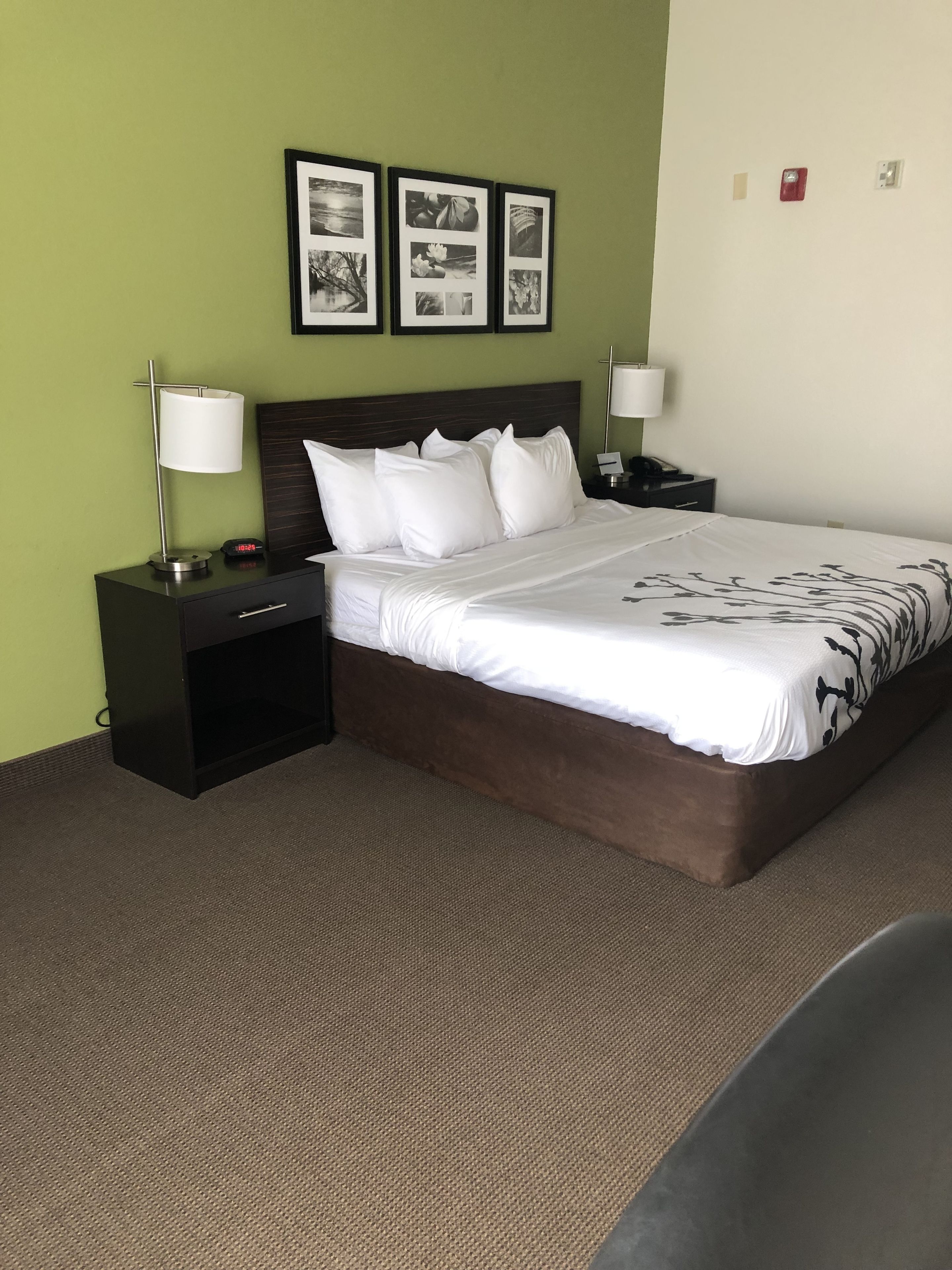 A hotel room with a large bed, two bedside tables, a nightstand, a wall-mounted lamp, and a framed collage of black and white photos.
