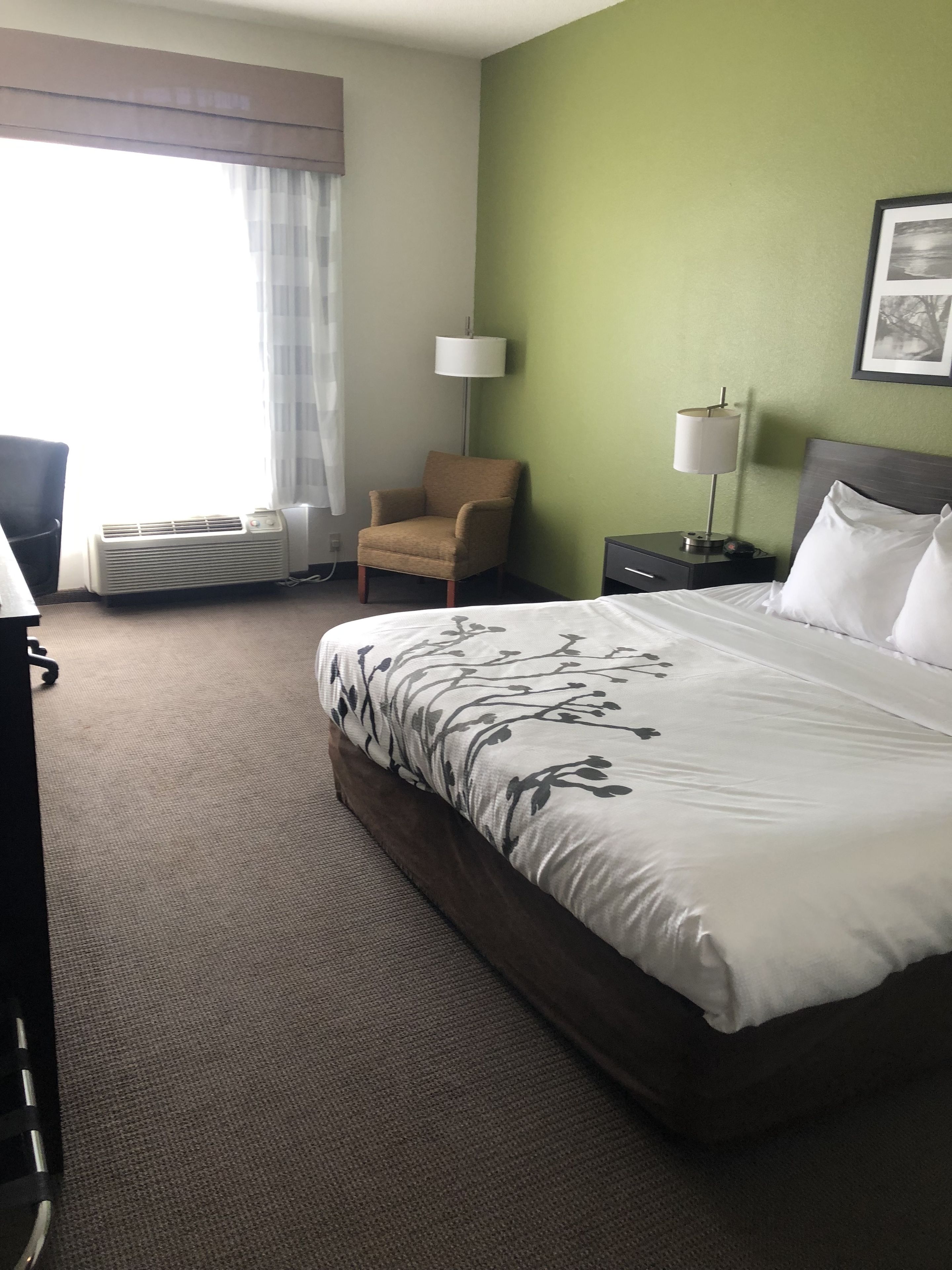 A hotel room with a large bed, a chair, a desk, a lamp, and a window with curtains.