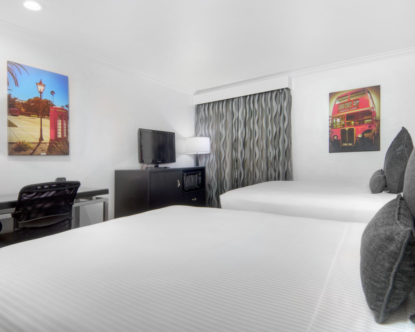 Pillowtop beds, desk, laptop workspace, iron/ironing board